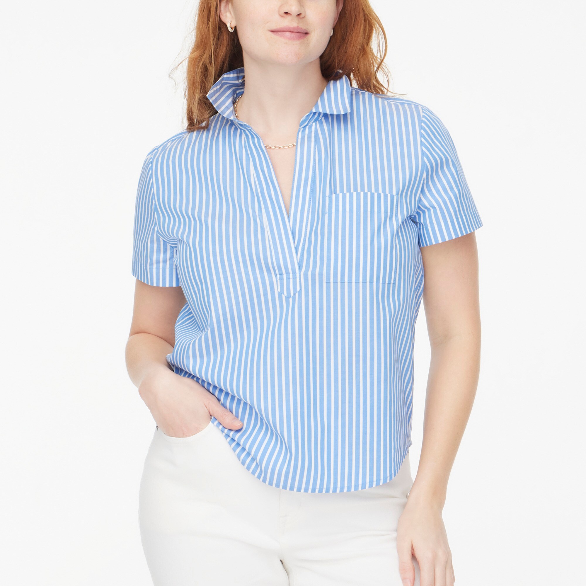 Striped short-sleeve poplin popover top