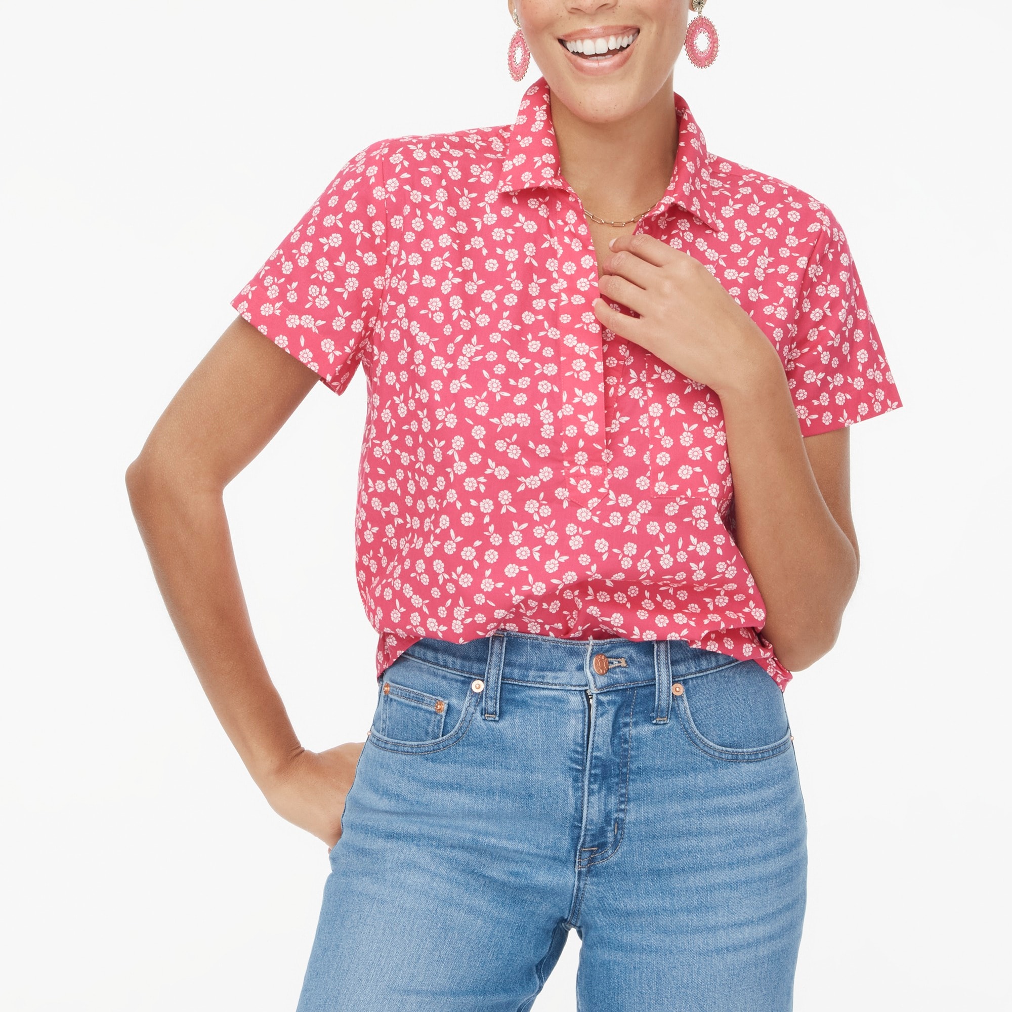 Printed short-sleeve poplin popover top