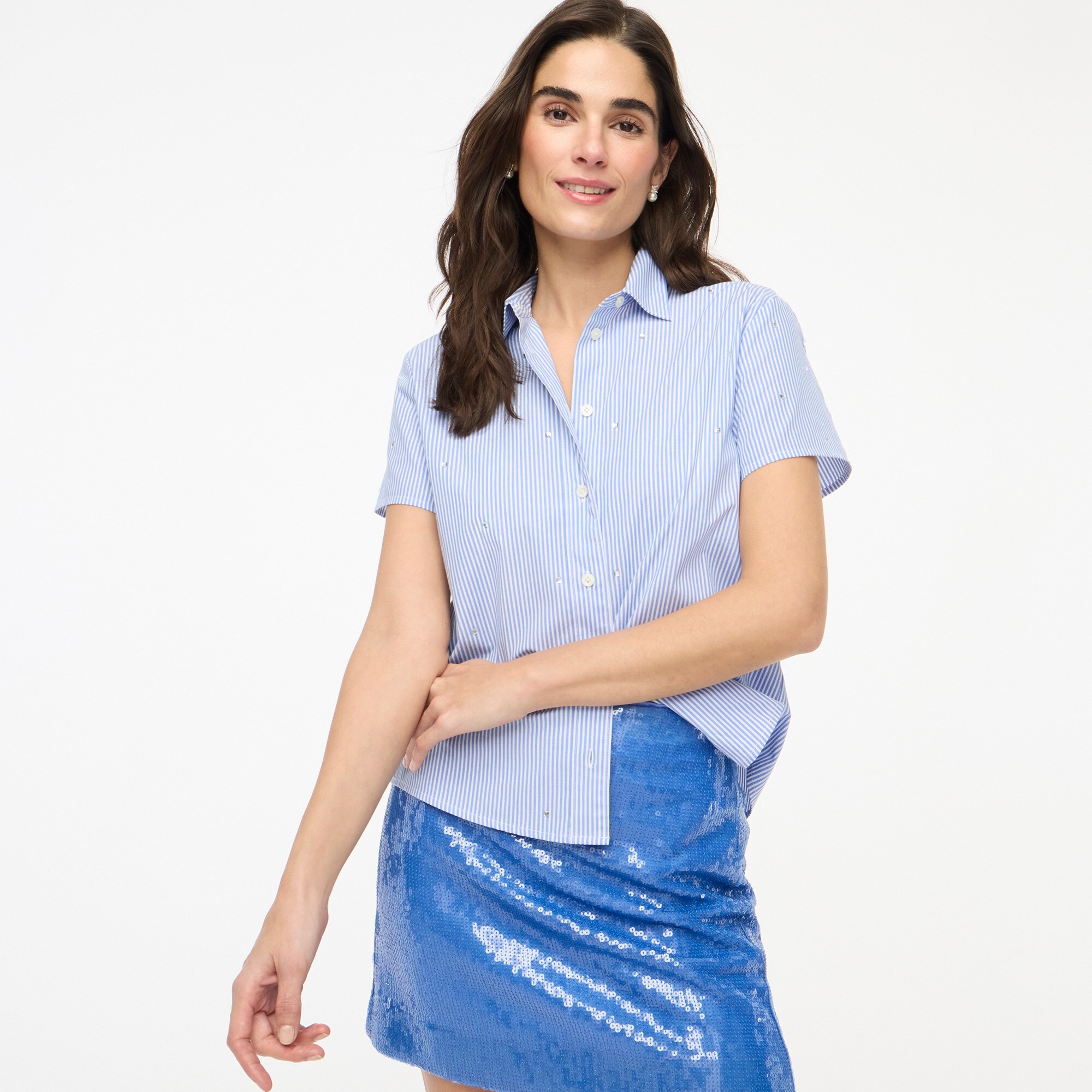 Jeweled short-sleeve button-up shirt