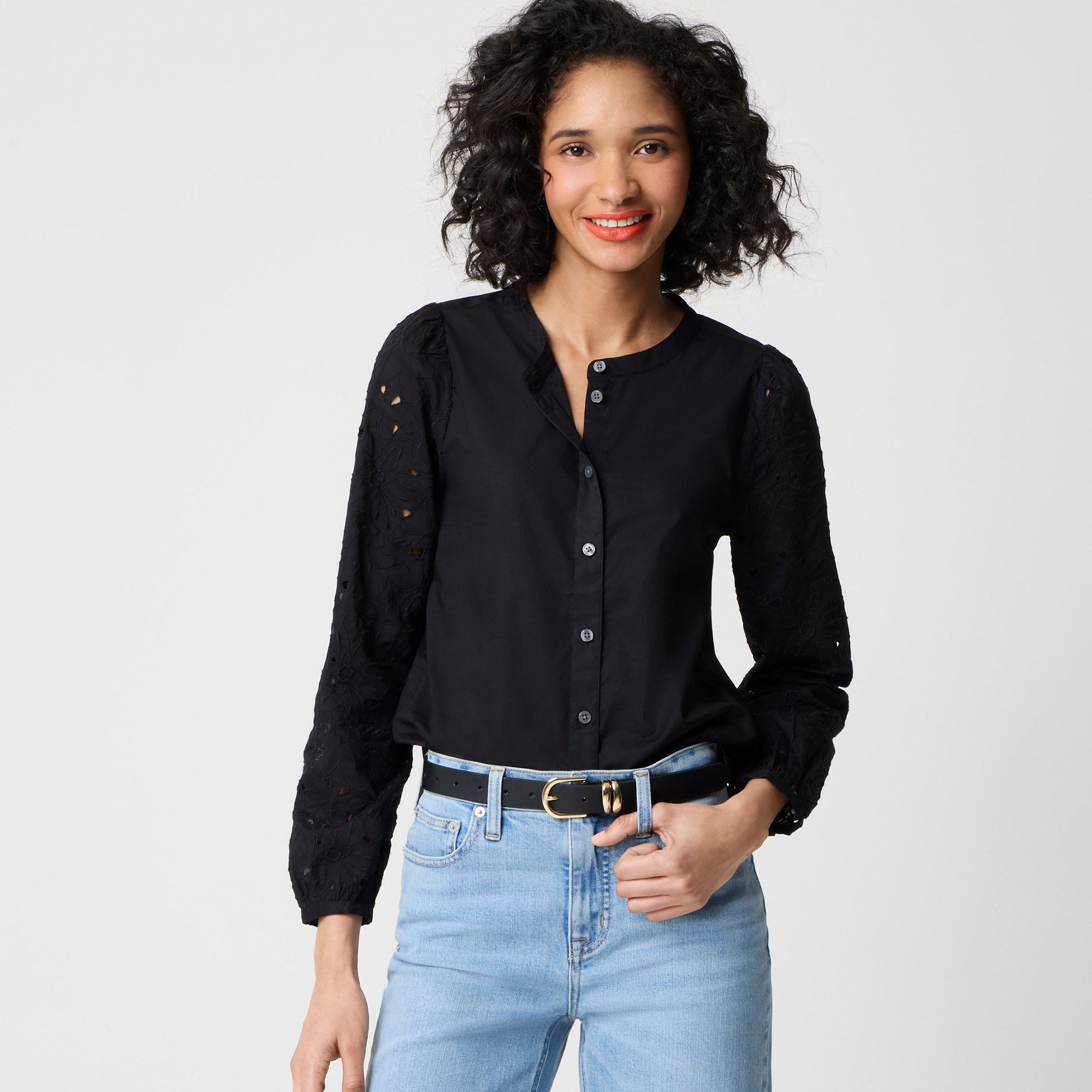 womens Eyelet-sleeve button-front top