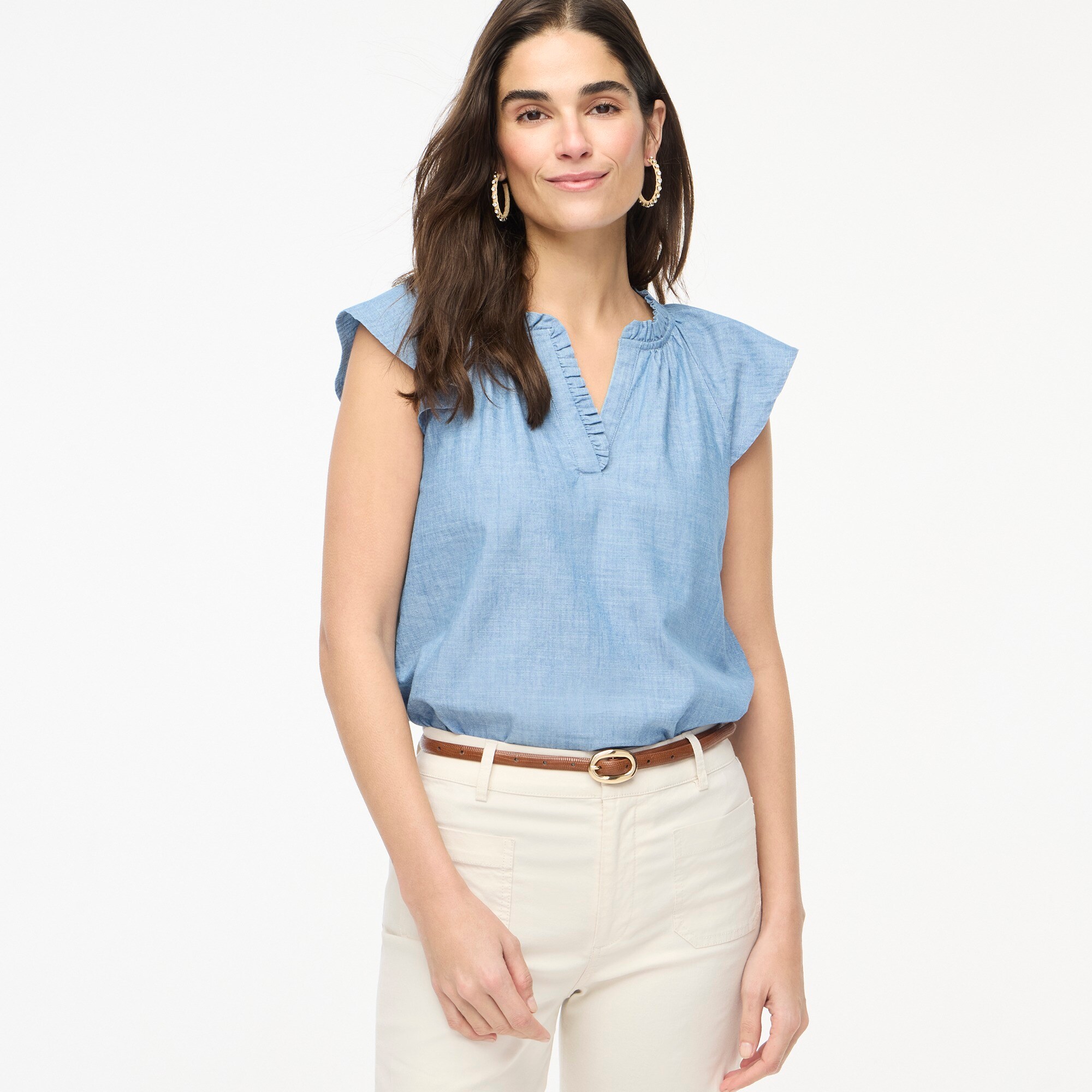 womens Chambray flutter-sleeve top