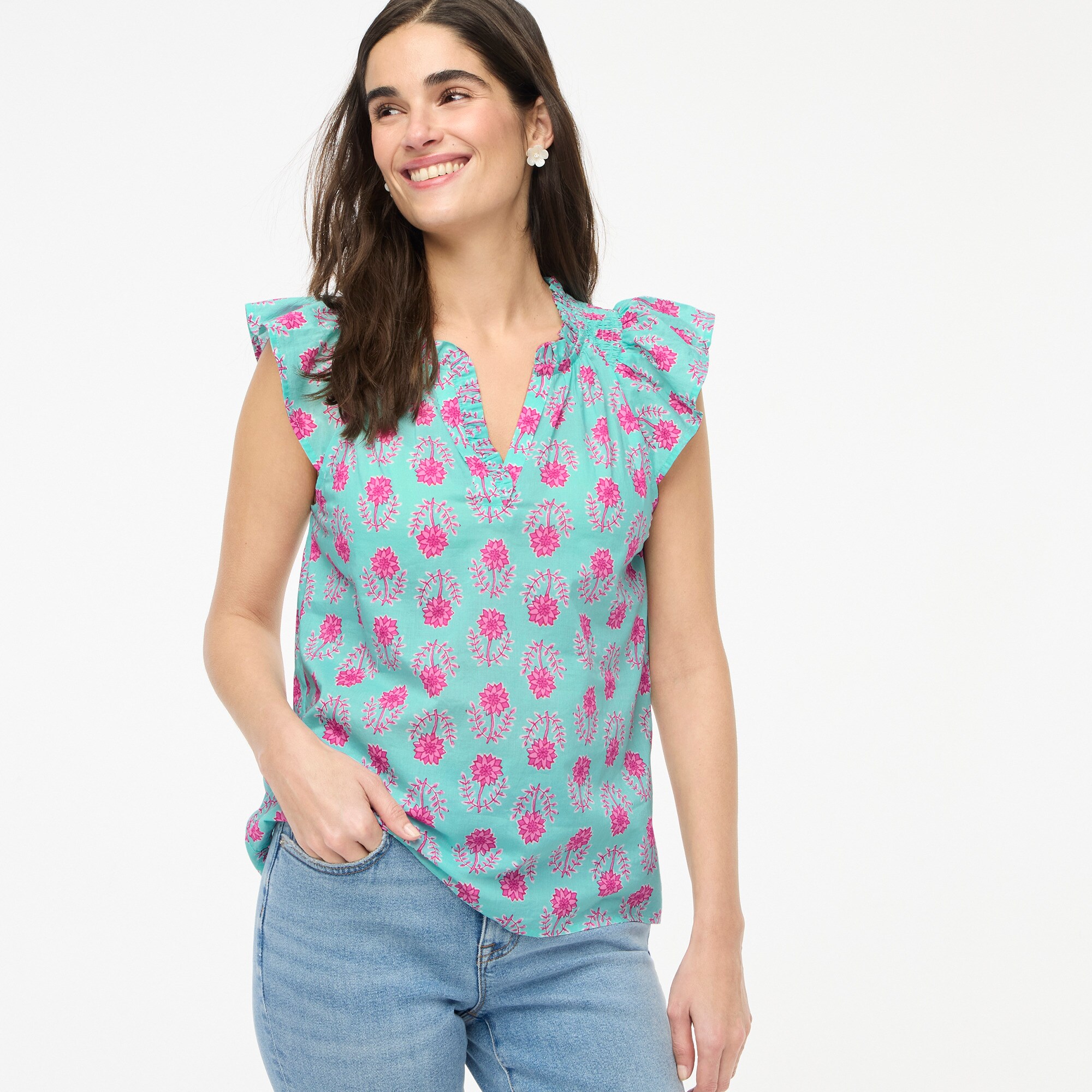 womens Printed flutter-sleeve top