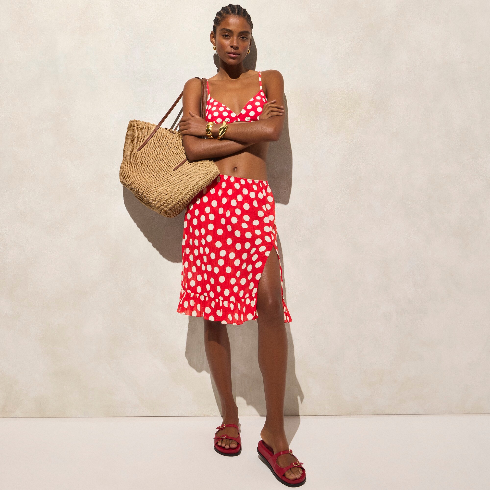 womens Crinkled ruffle-trim skirt in polka-dot print