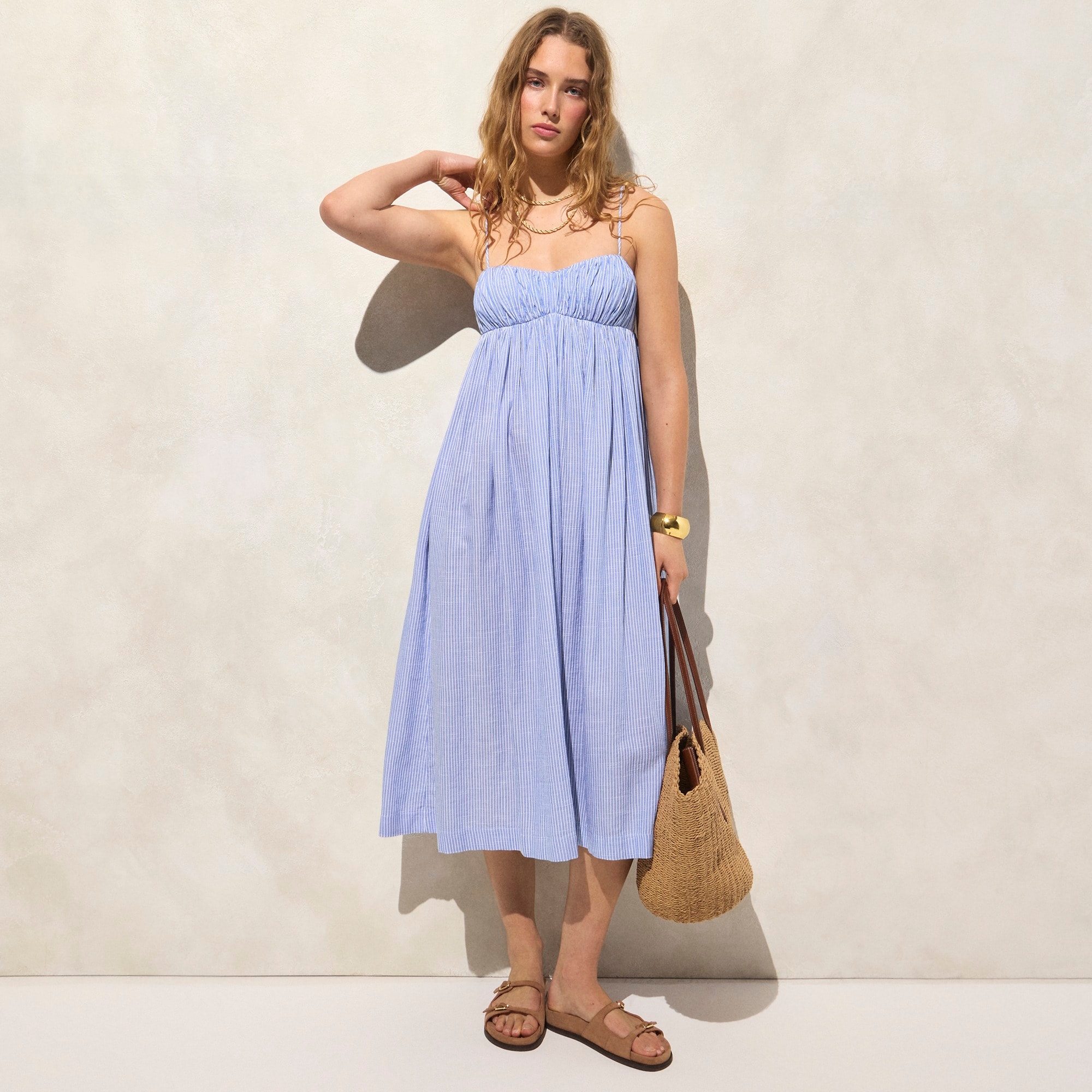 Airy gauze empire-waist midi dress in stripe