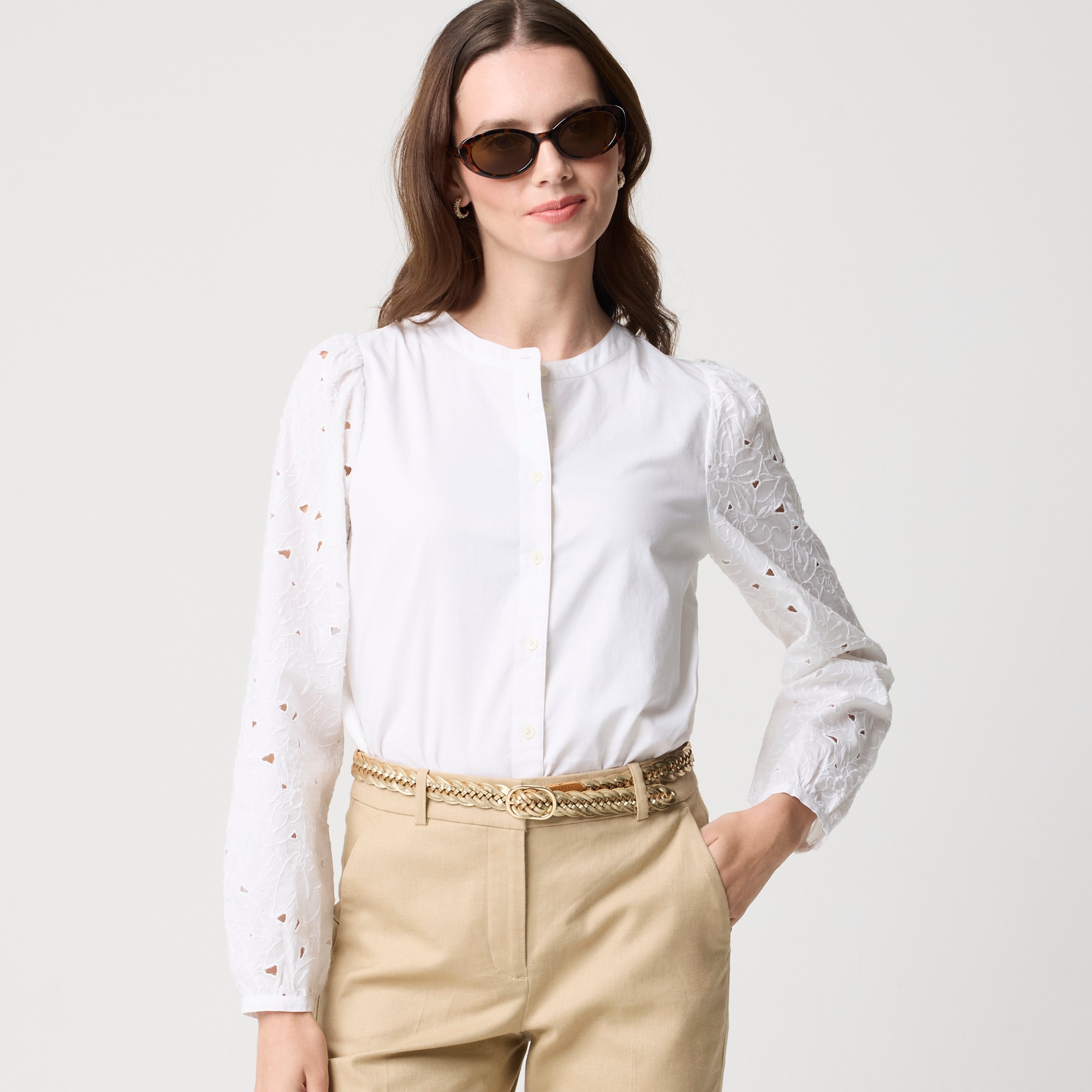 womens Eyelet-sleeve button-front top