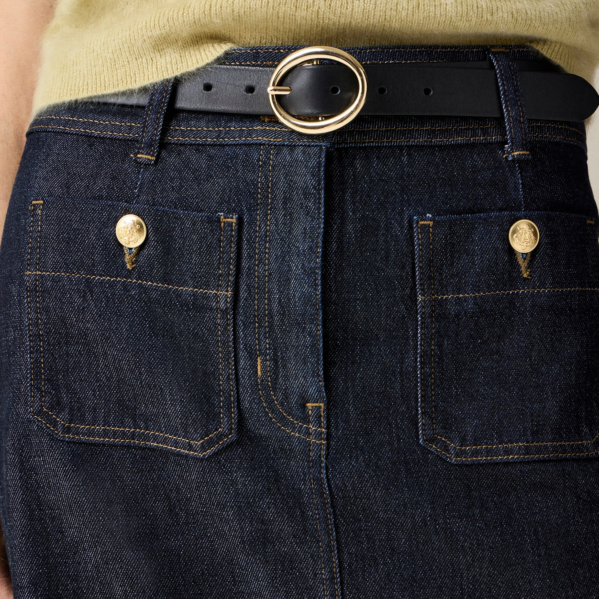 Denim pencil skirt with patch pockets