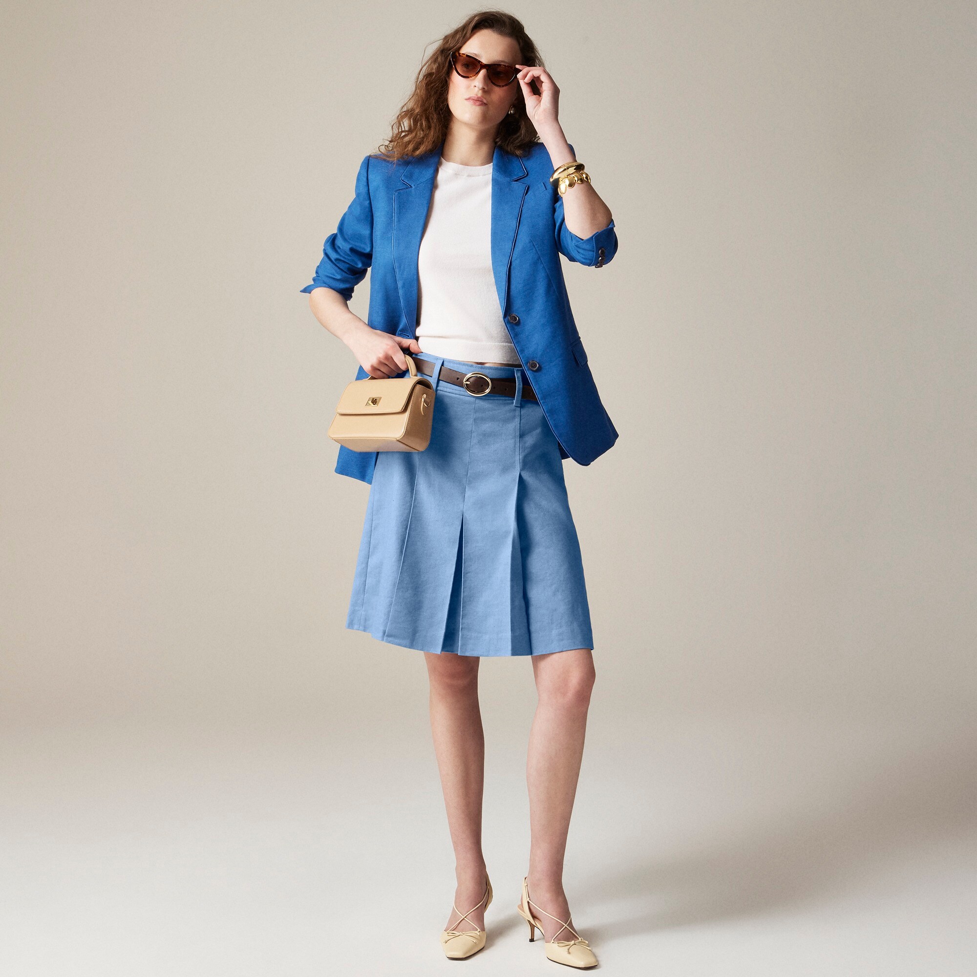 womens Pleated knee-length skirt in stretch linen blend