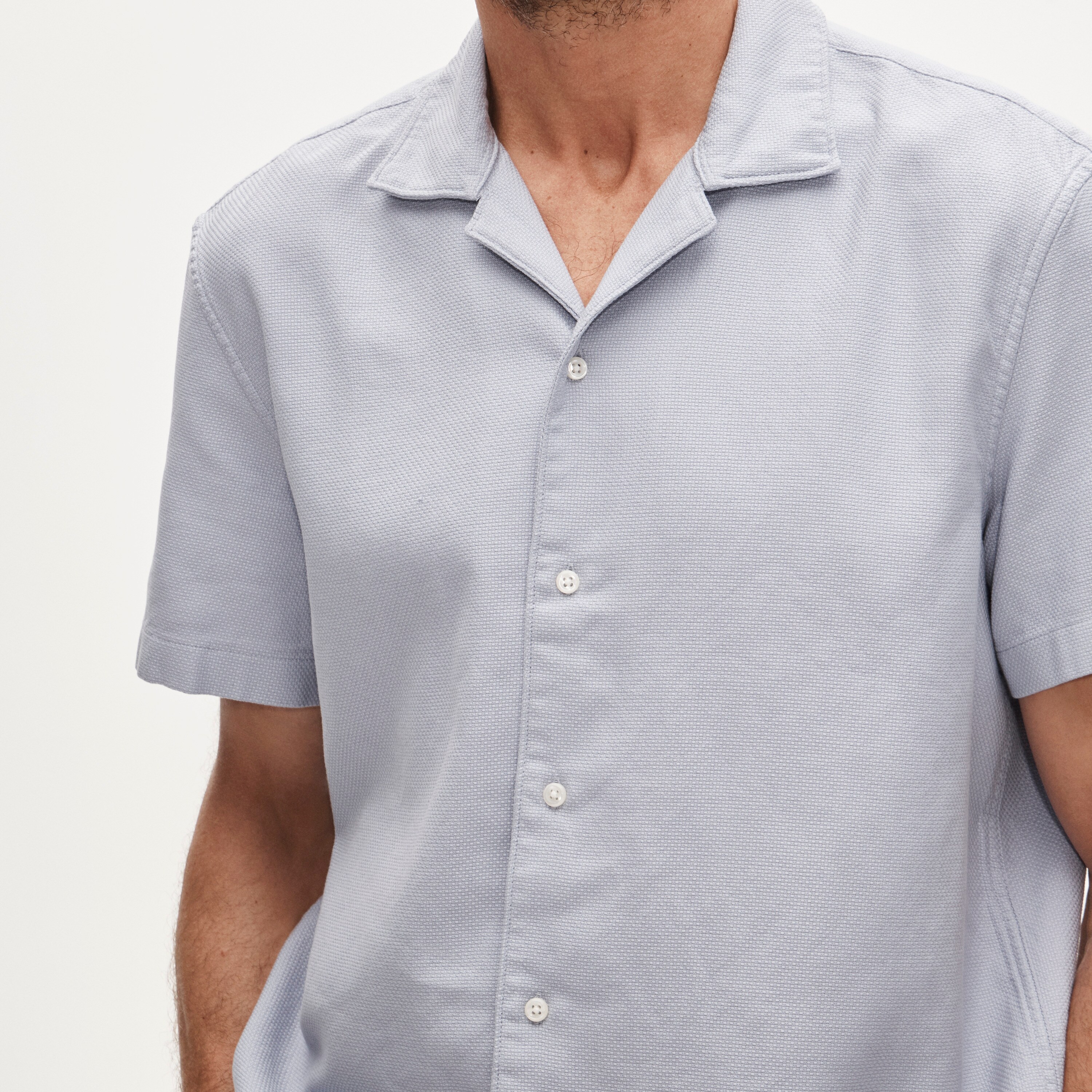 Short-sleeve textured cotton camp-collar shirt