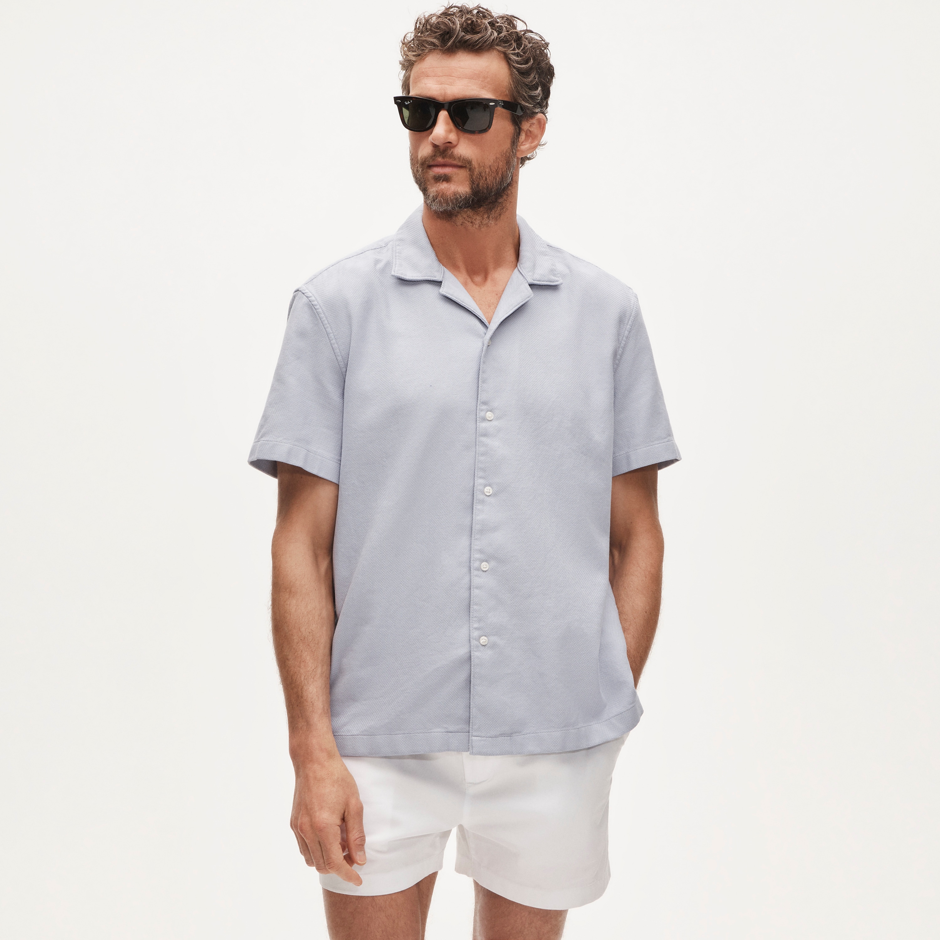 Short-sleeve textured cotton camp-collar shirt