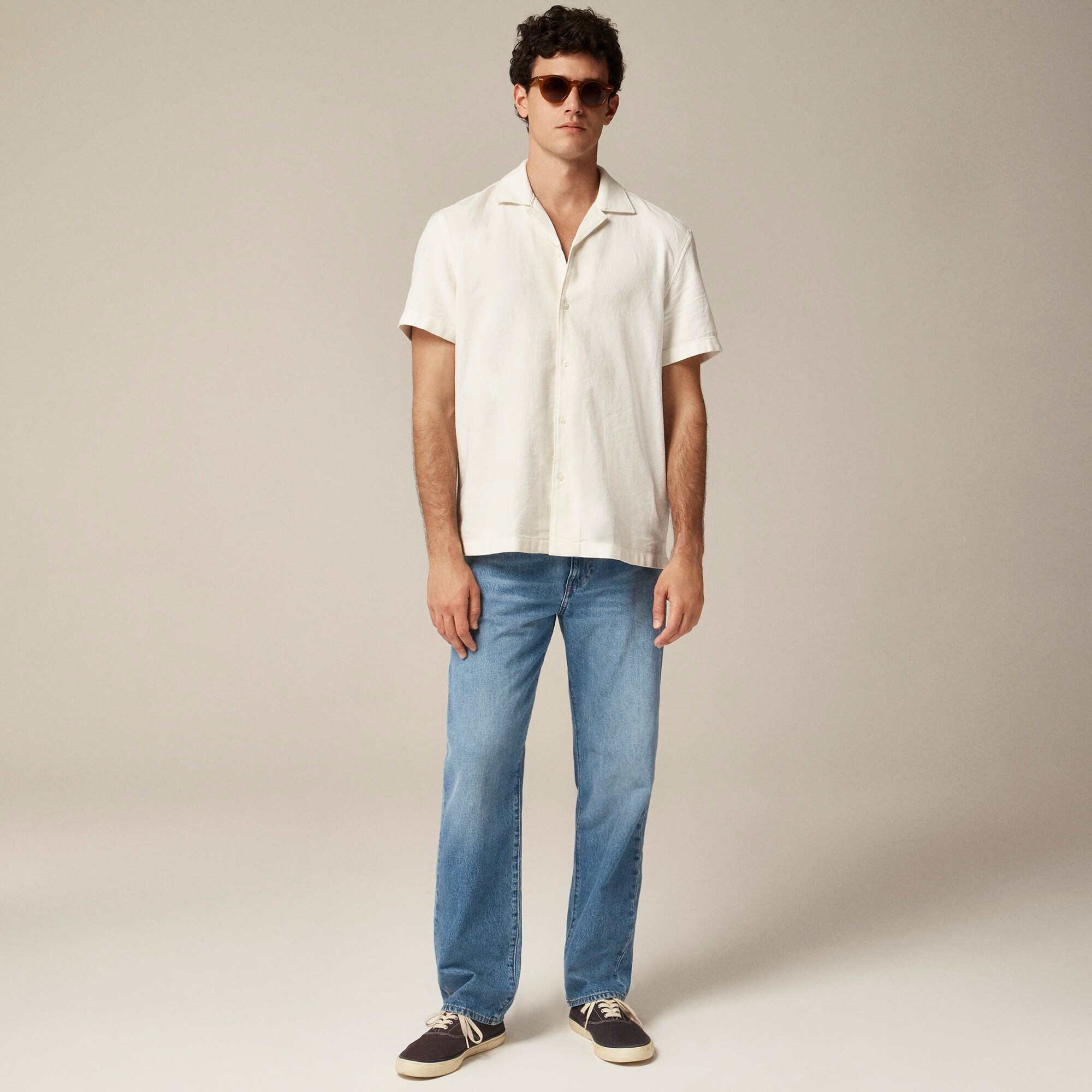 Short-sleeve textured cotton camp-collar shirt