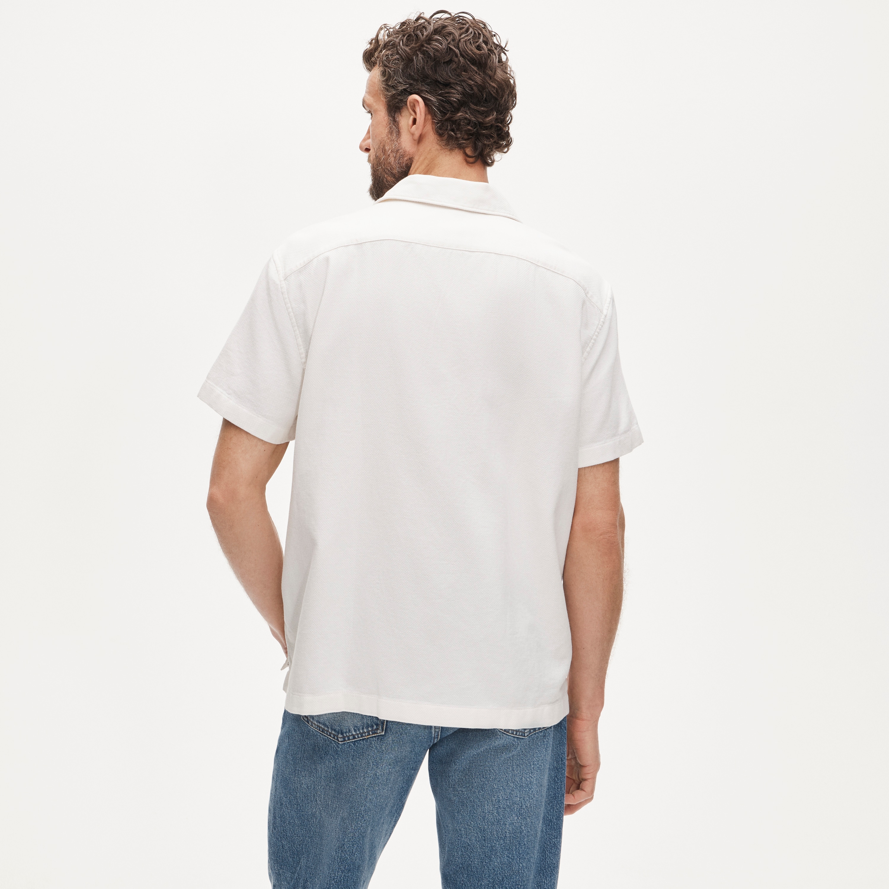 Short-sleeve textured cotton camp-collar shirt