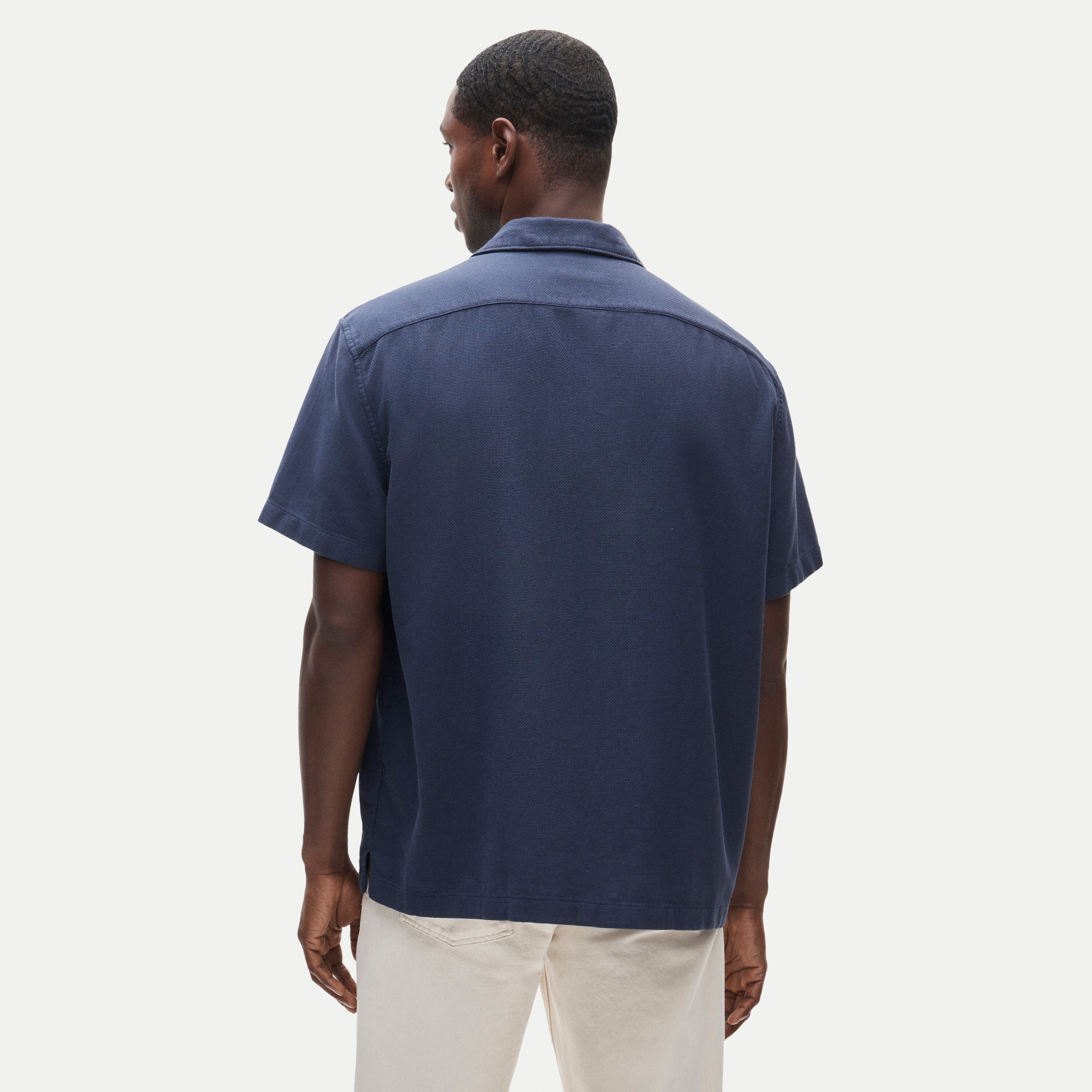 Short-sleeve textured cotton camp-collar shirt