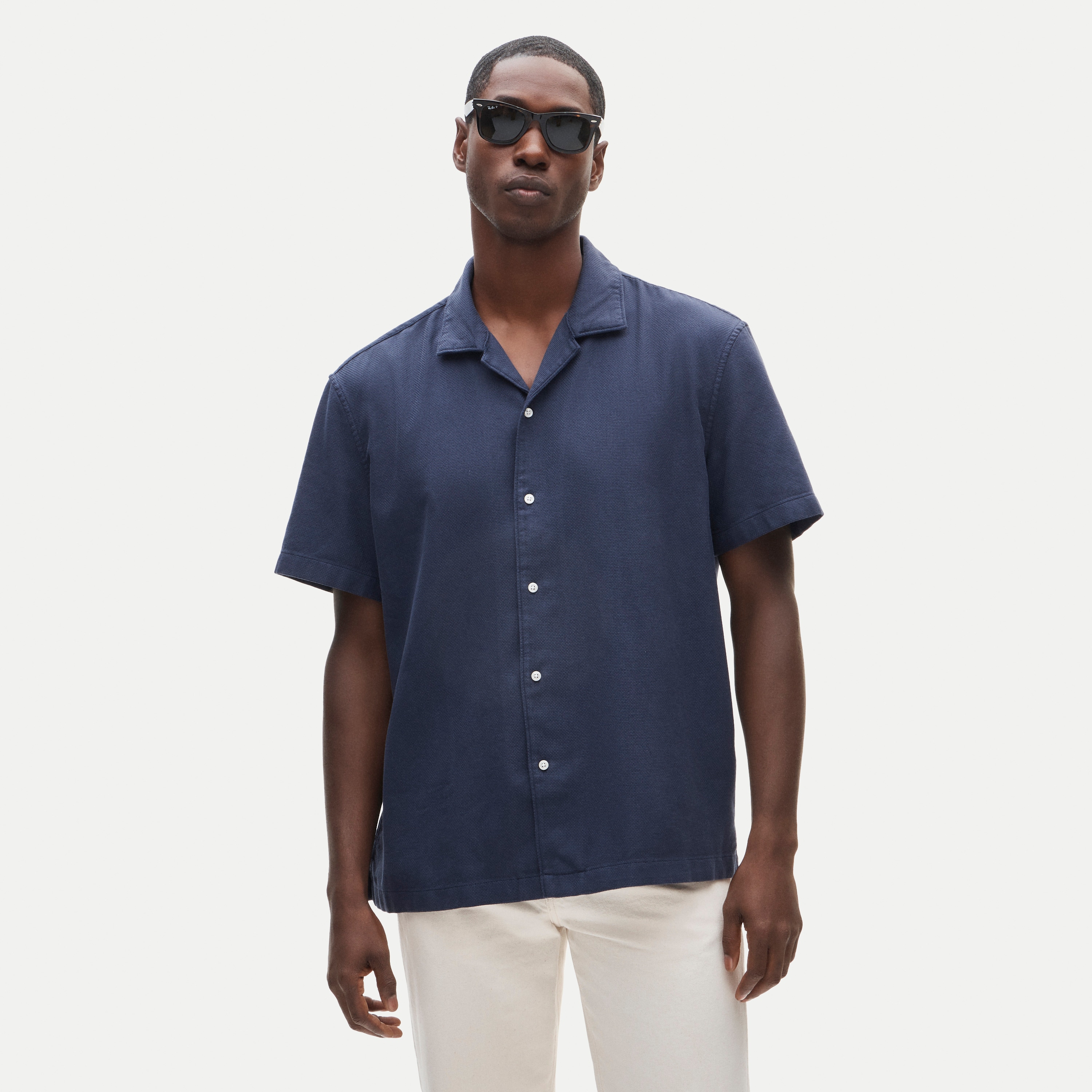 Short-sleeve textured cotton camp-collar shirt
