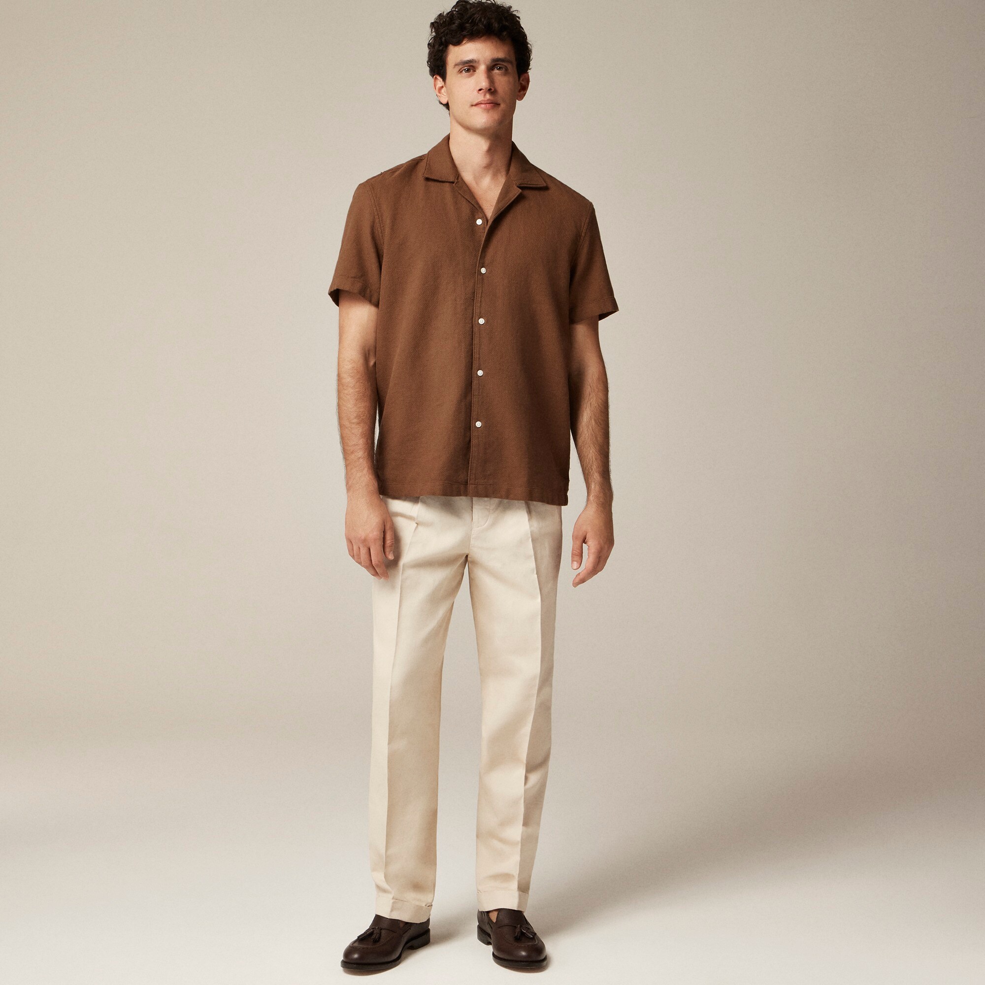 Short-sleeve textured cotton camp-collar shirt