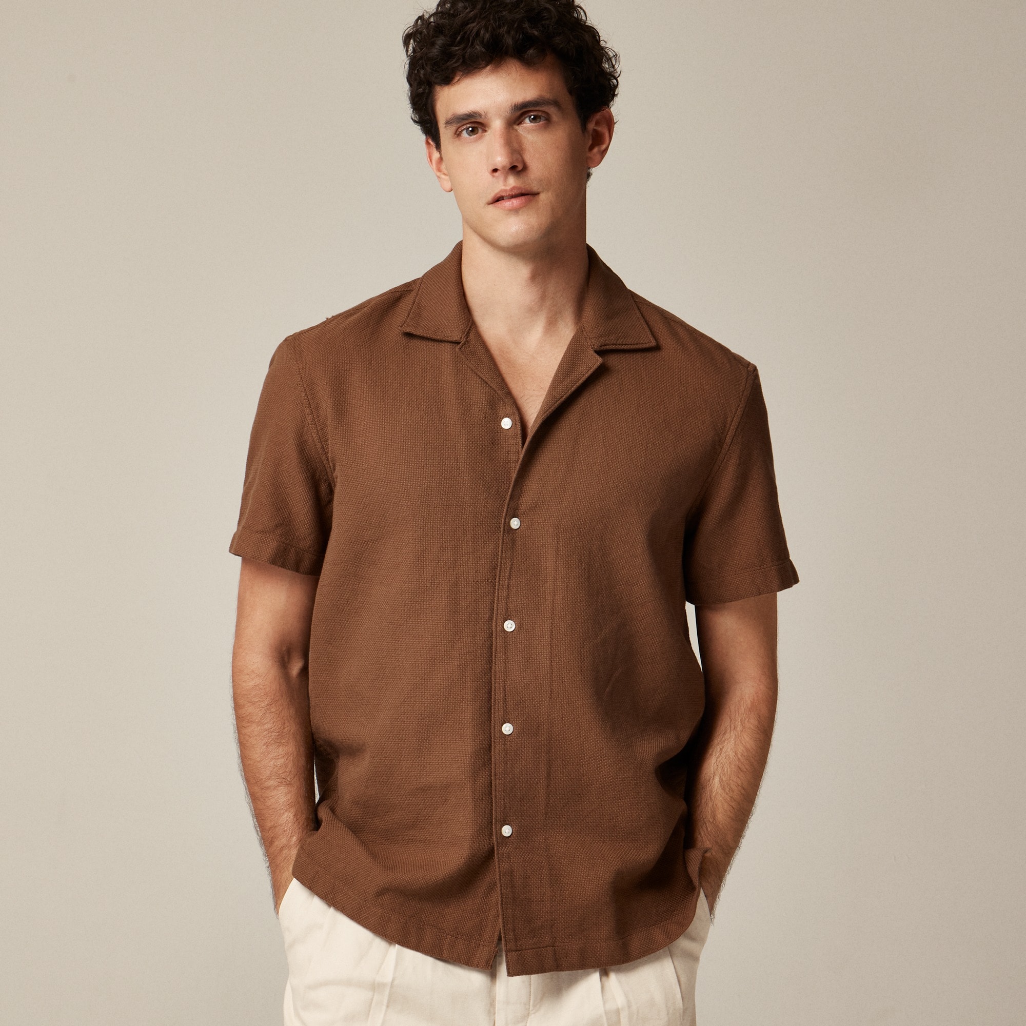  Short-sleeve textured cotton camp-collar shirt