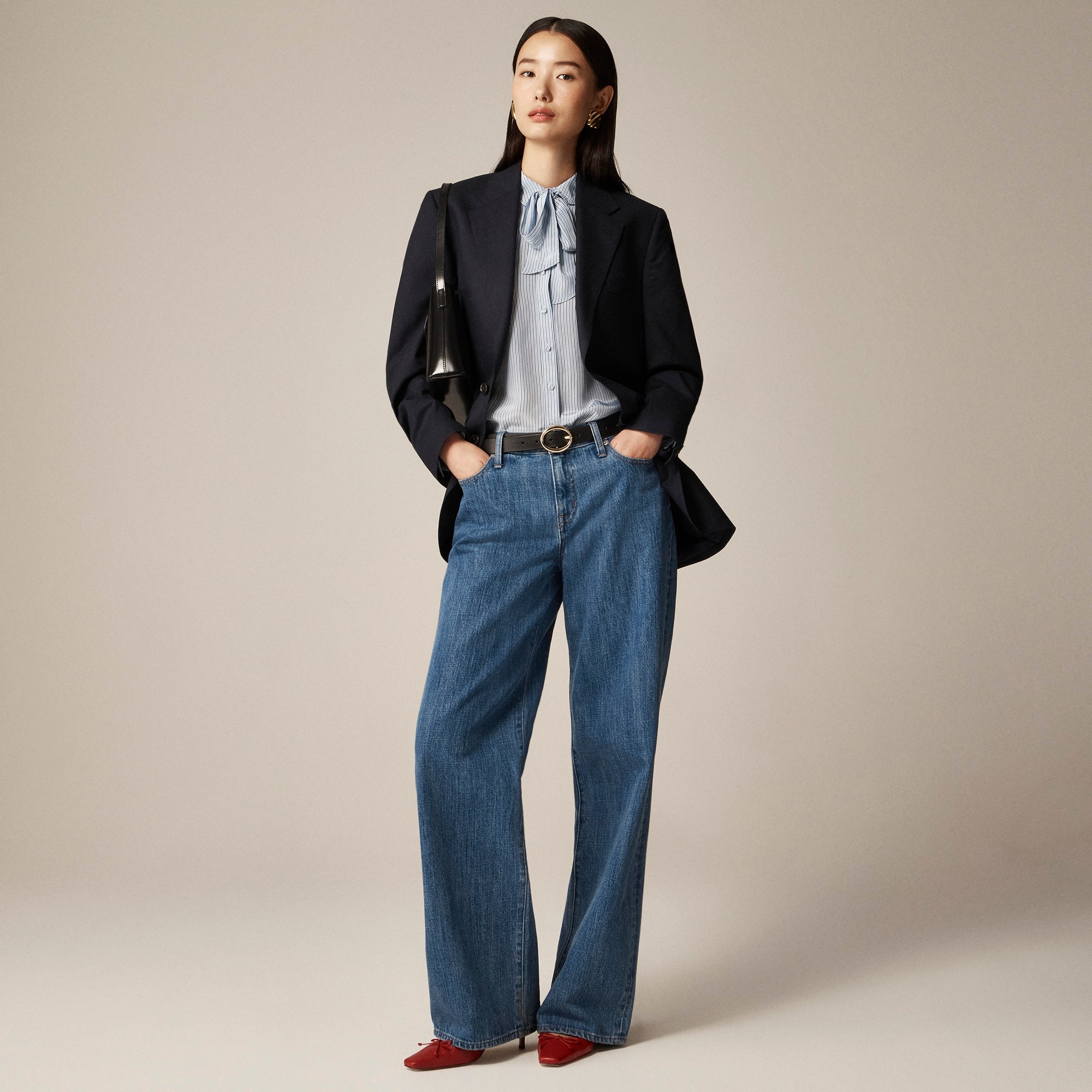 Removable tie-neck button-up shirt in striped crepe de chine