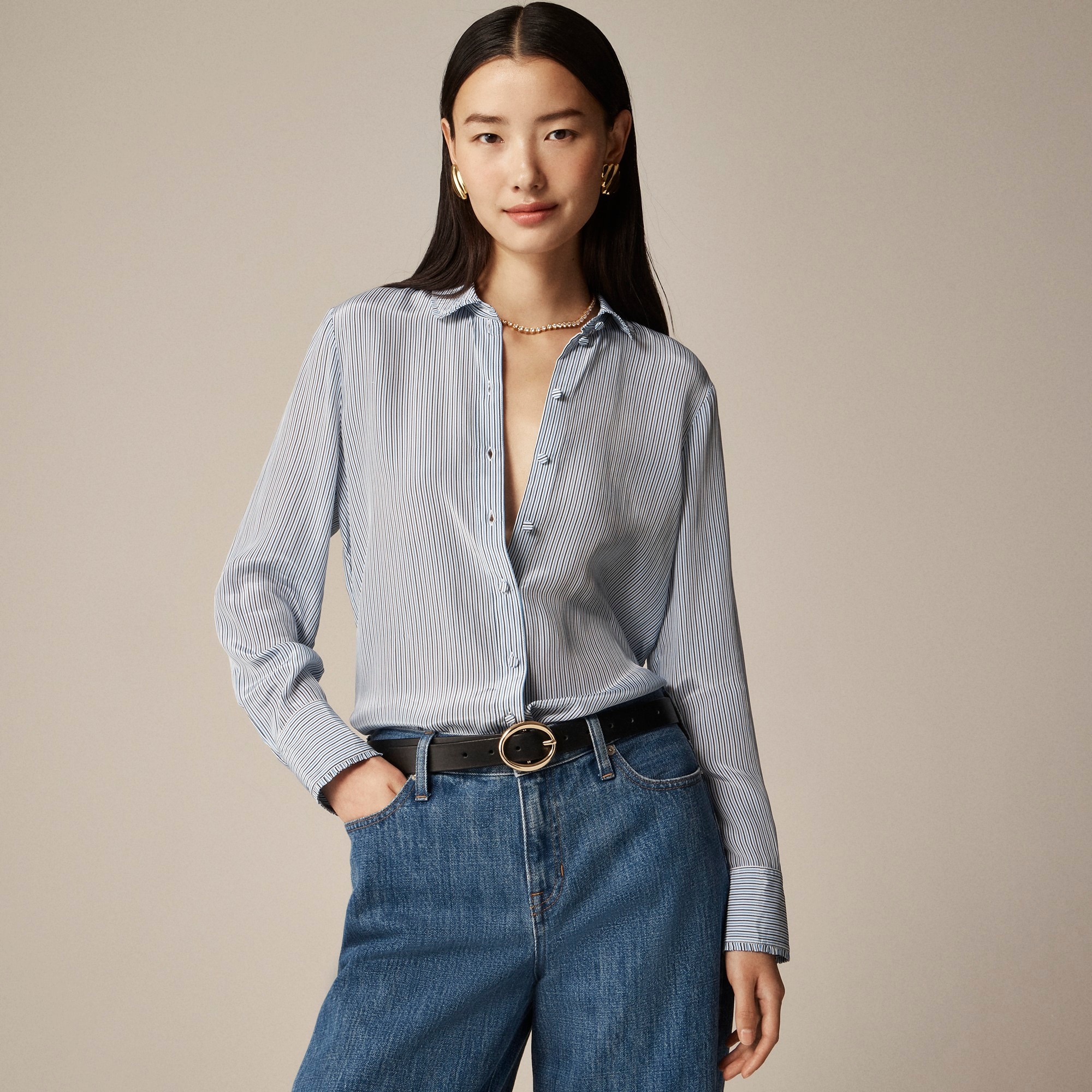 womens Removable tie-neck button-up shirt in striped crepe de chine