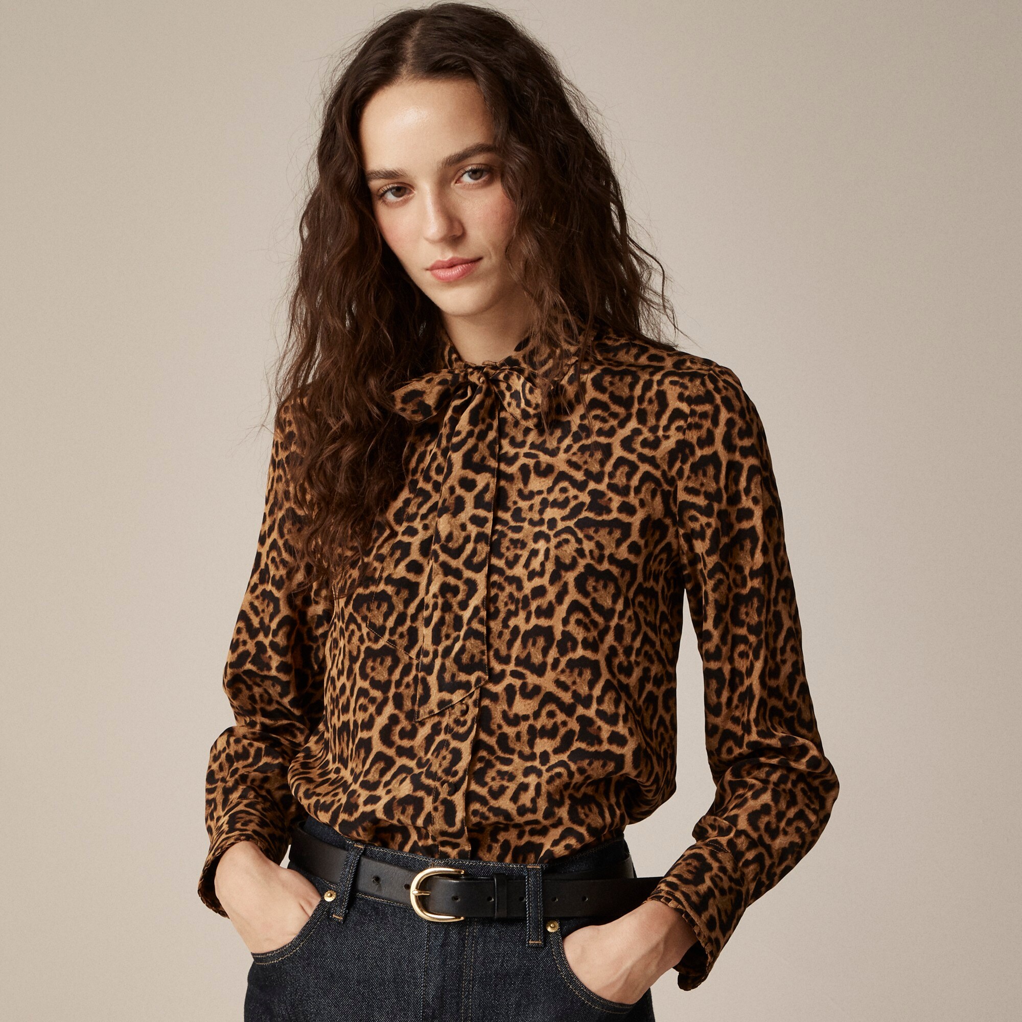 womens Removable tie-neck button-up shirt in leopard crepe de chine
