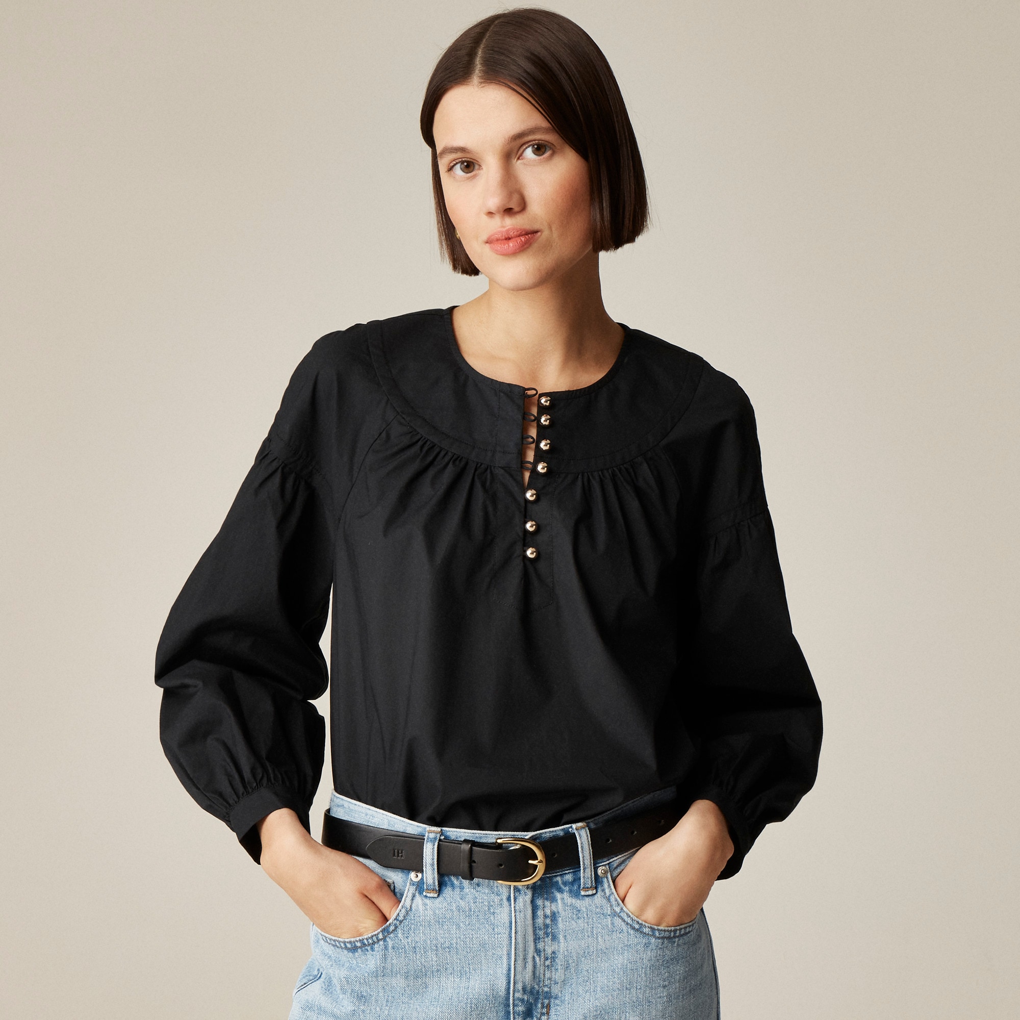 womens Shirred popover top in cotton poplin