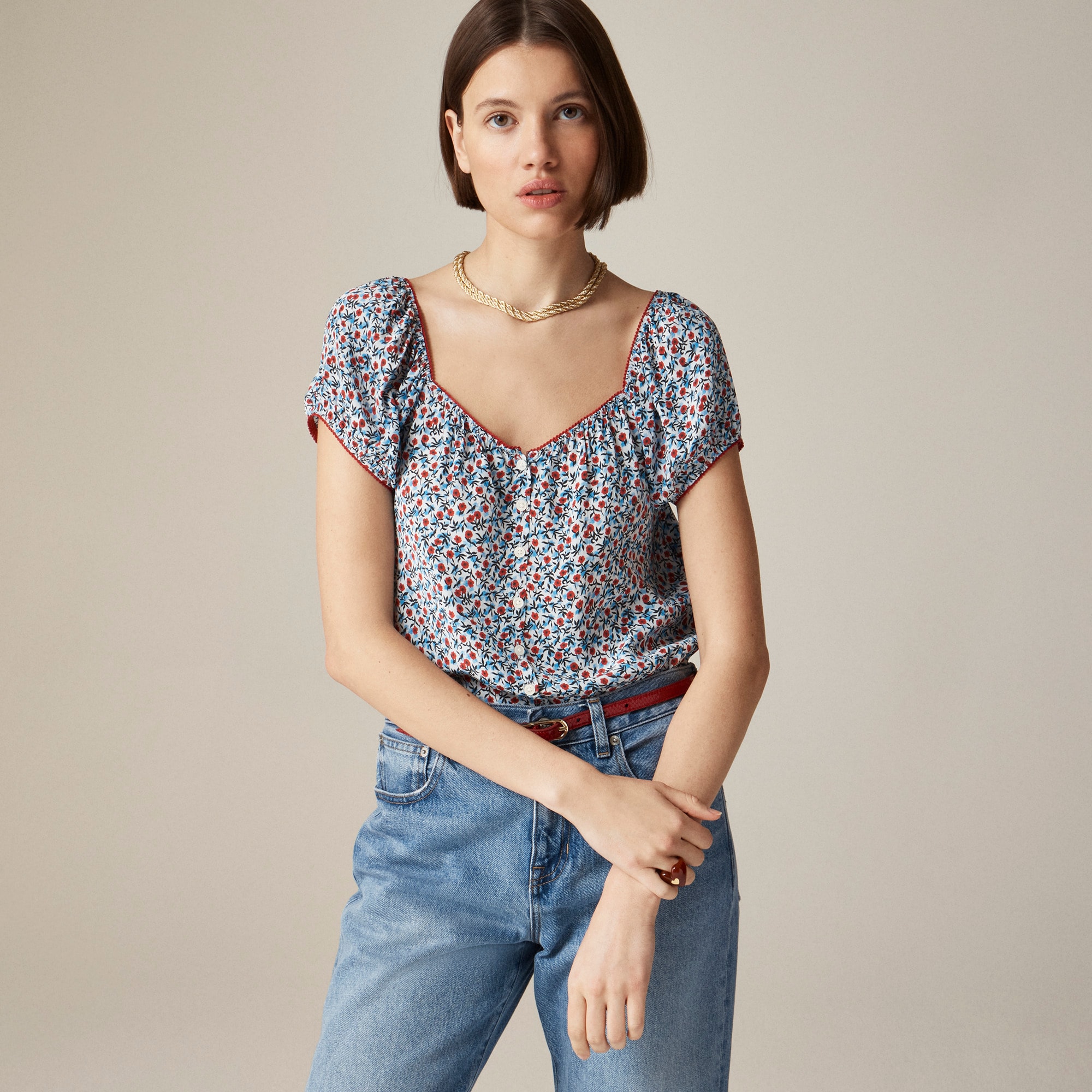 Cap-sleeve top in poppy crepe de chine