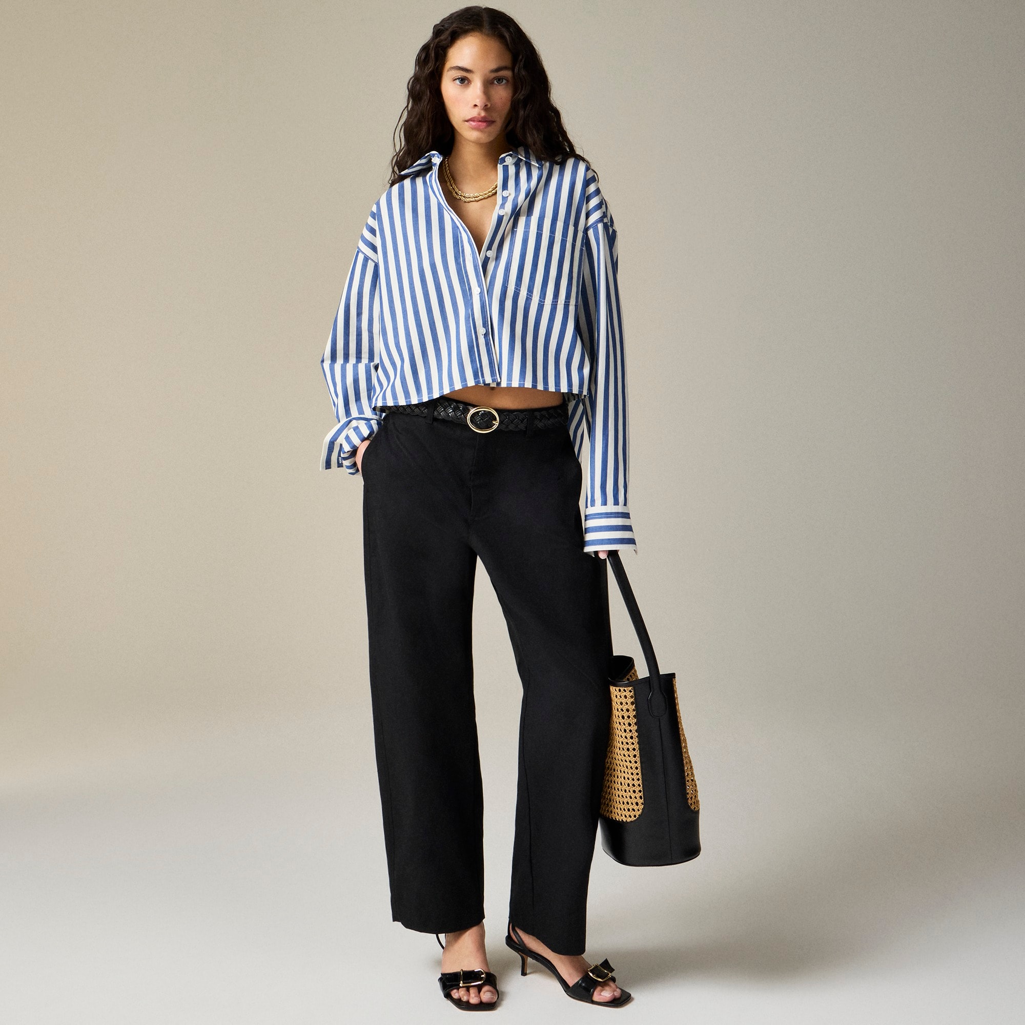 Étienne cropped button-up shirt in striped cotton poplin