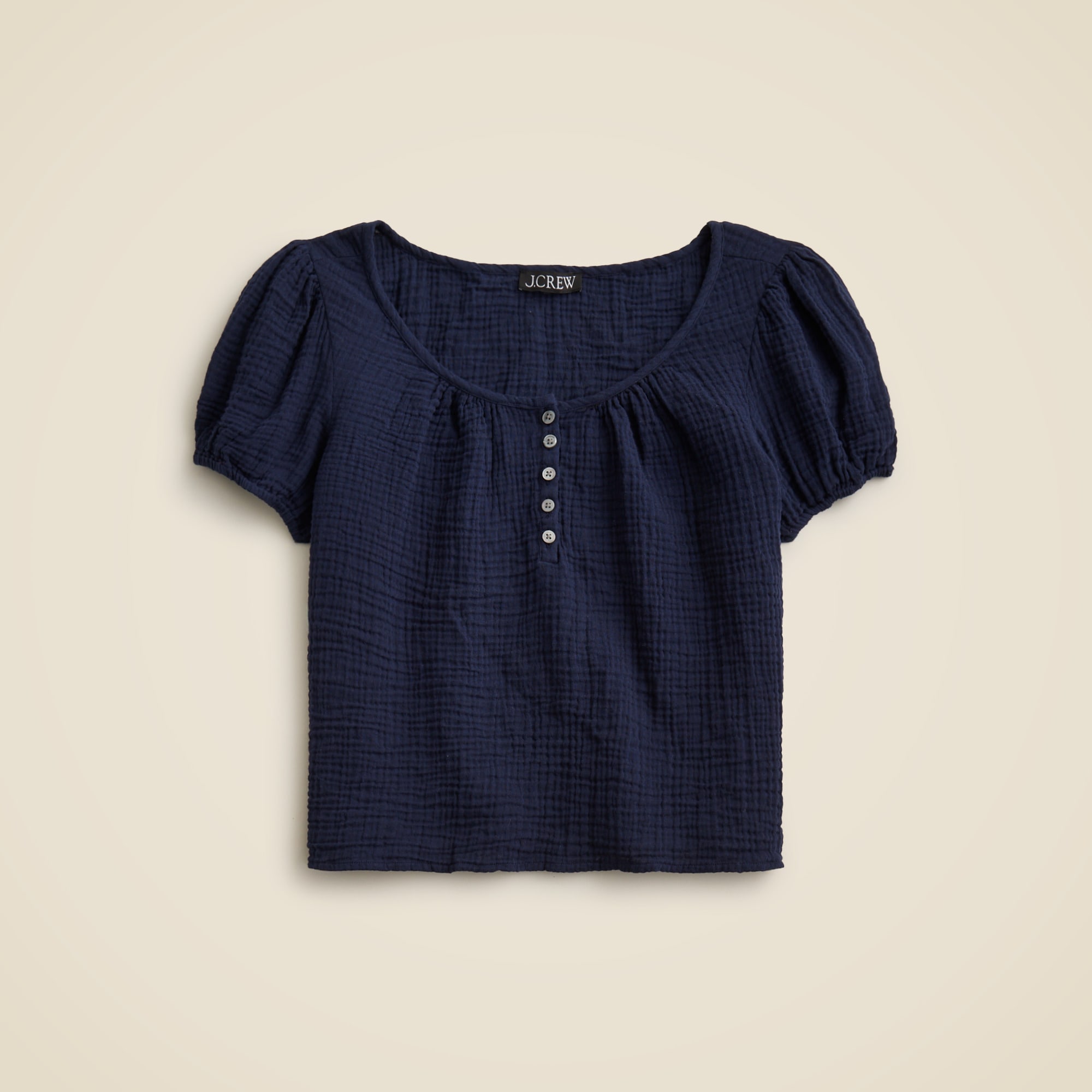 Puff-sleeve henley top in gauze