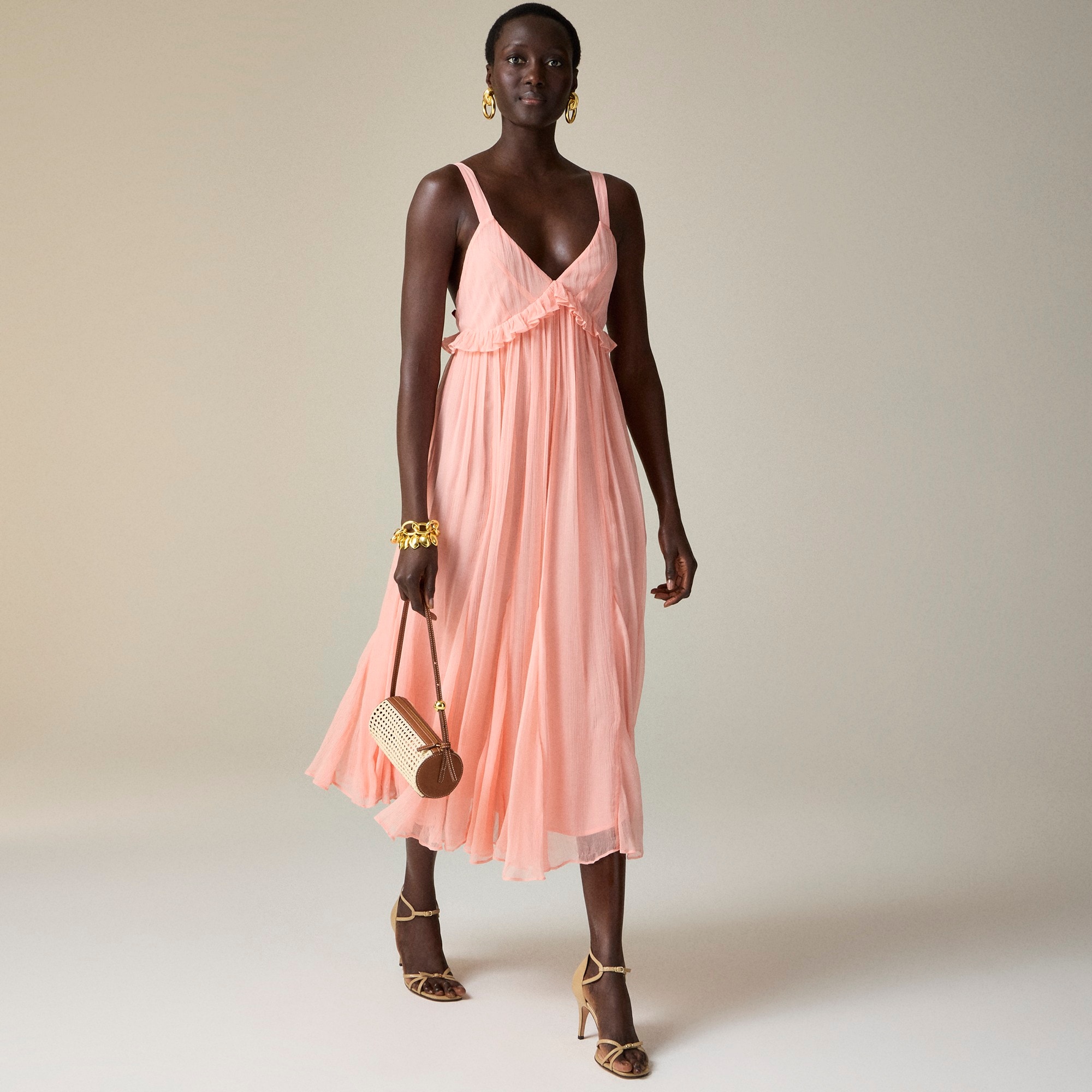 womens Collection ruffle-trim midi dress in crinkle cupro