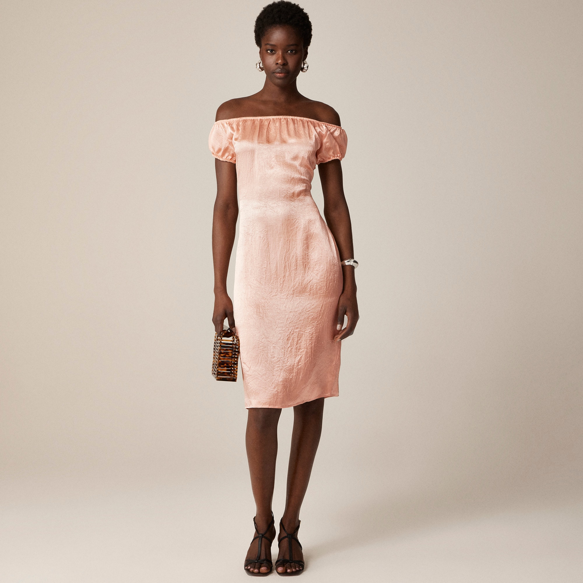 Off-the-shoulder slip dress in textured satin