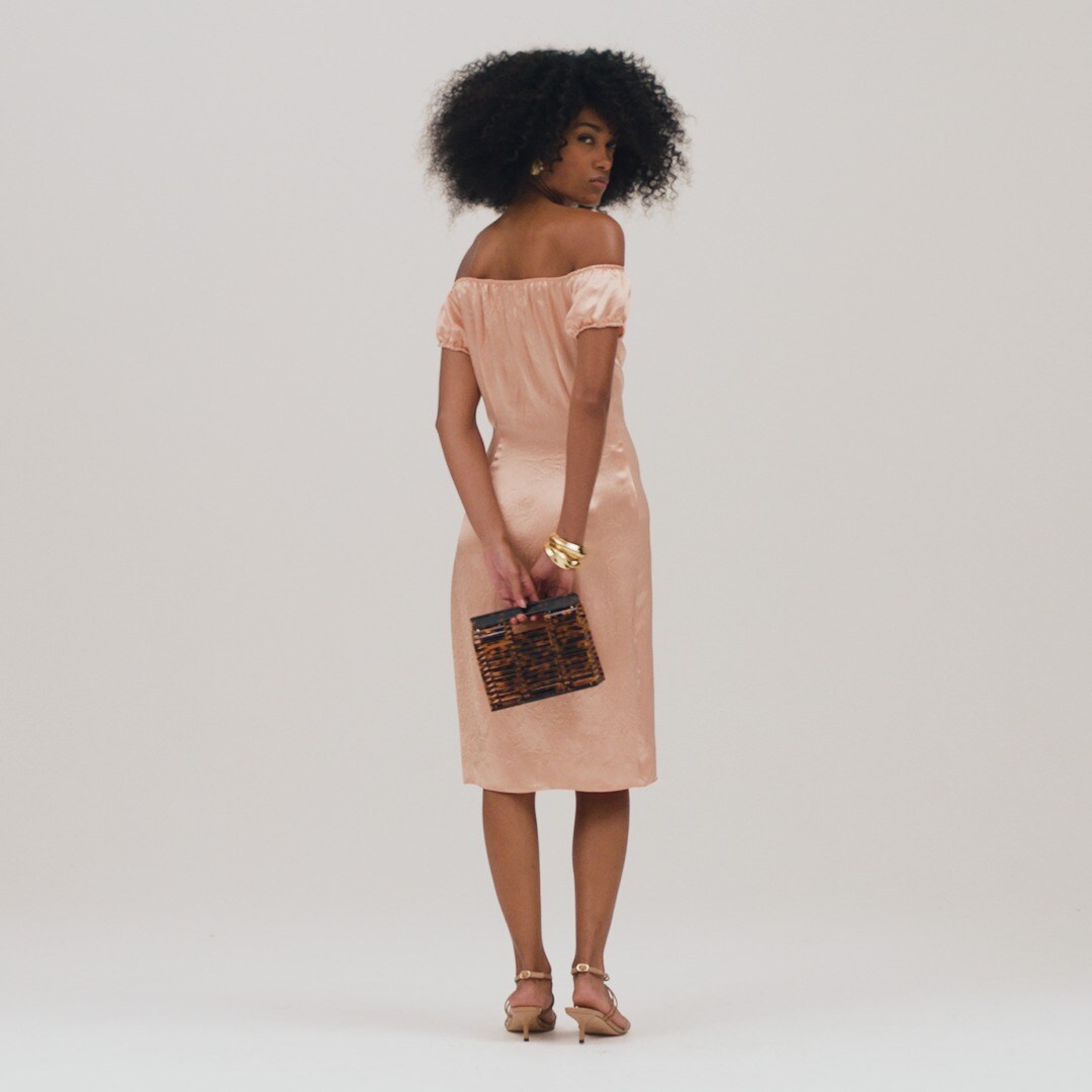 Off-the-shoulder slip dress in textured satin