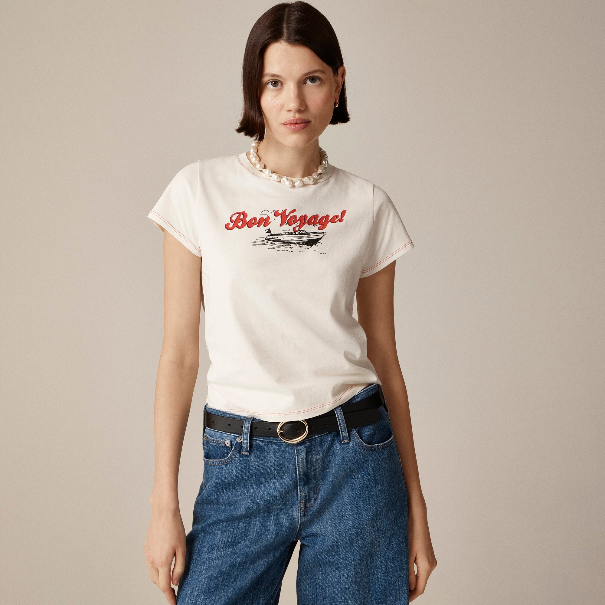 womens Shrunken-fit "Bon voyage" graphic T-shirt
