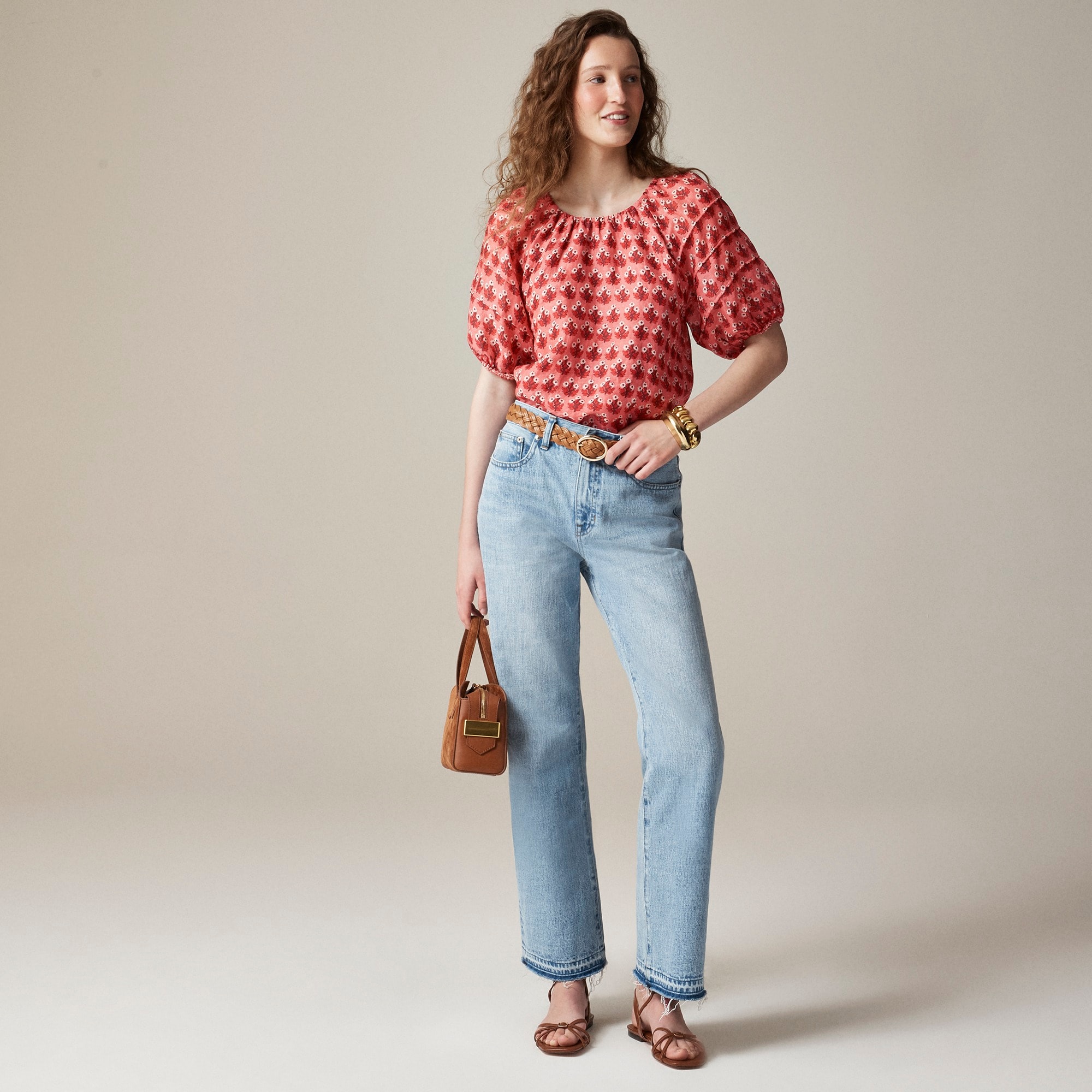 Puff-sleeve top in block-print ramie