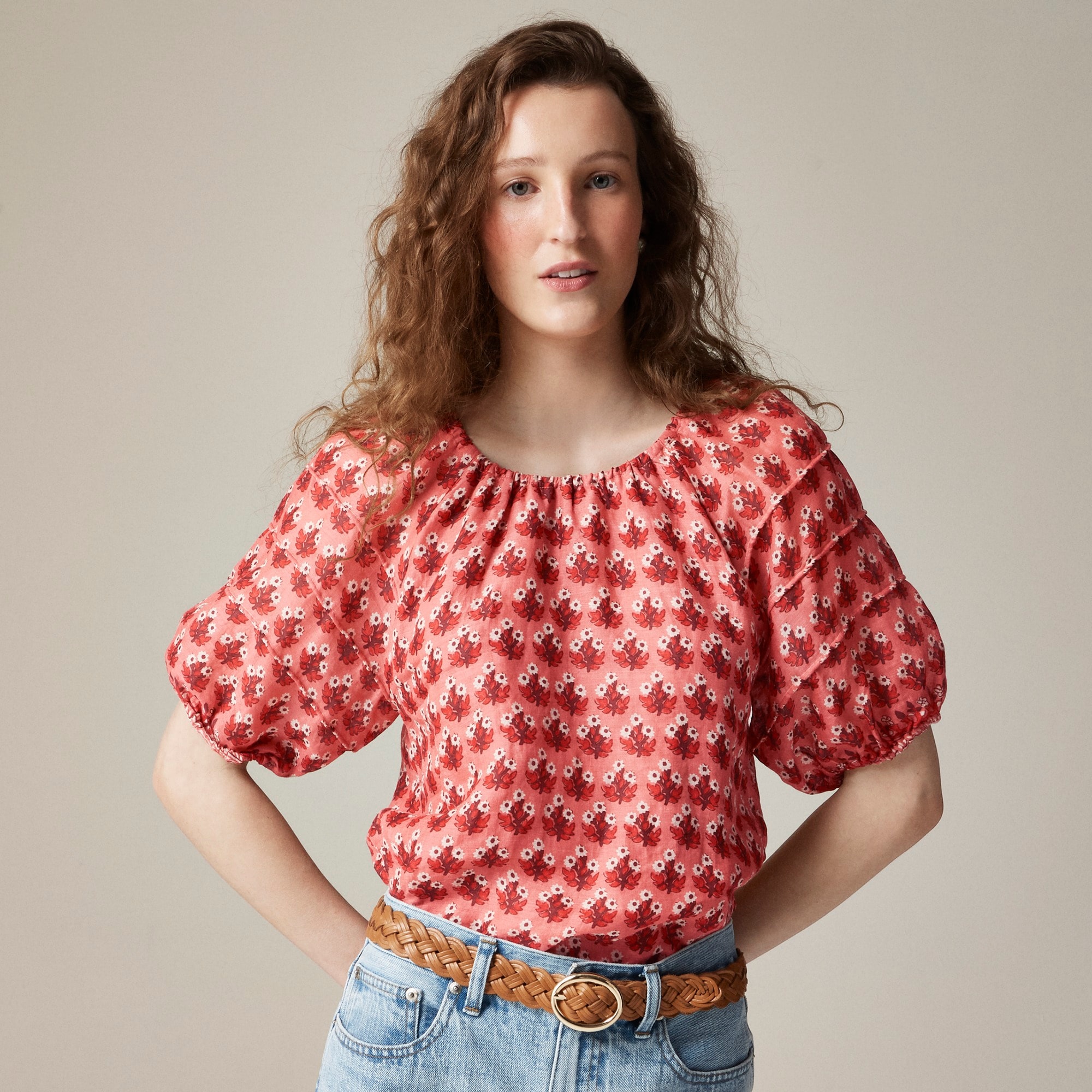 womens Puff-sleeve top in block-print ramie