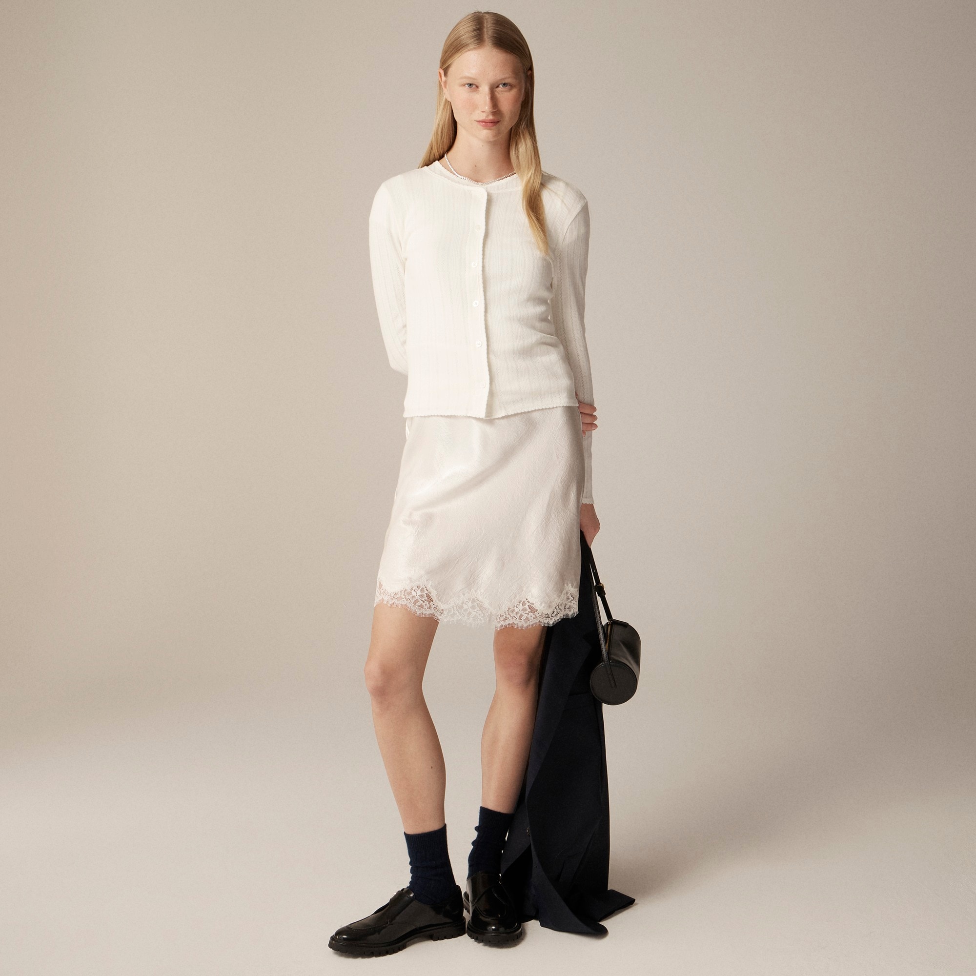 Pointelle crewneck knit cardigan
