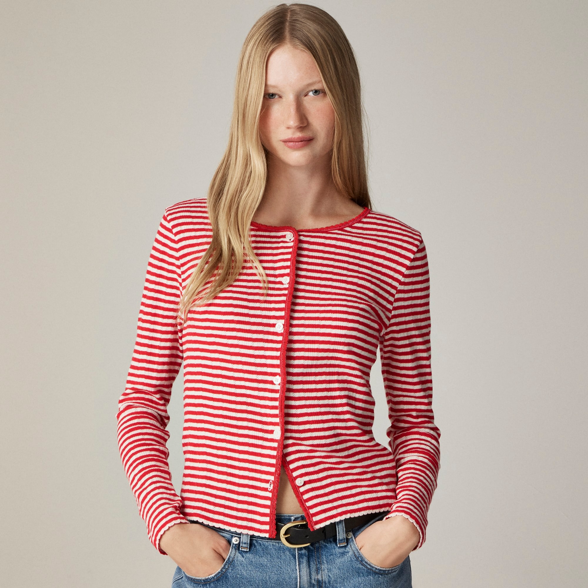womens Pointelle crewneck knit cardigan in stripe