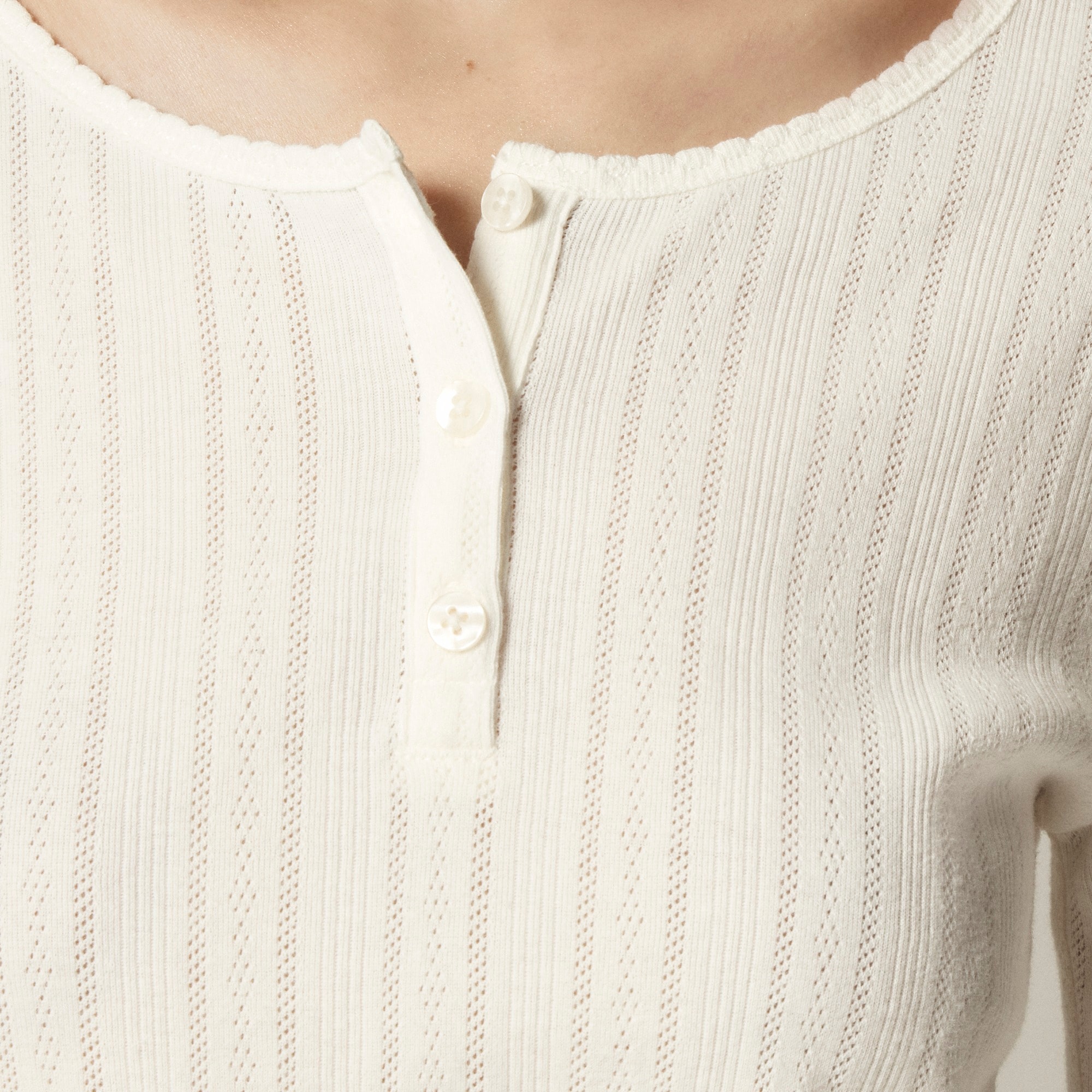 Pointelle long-sleeve henley T-shirt