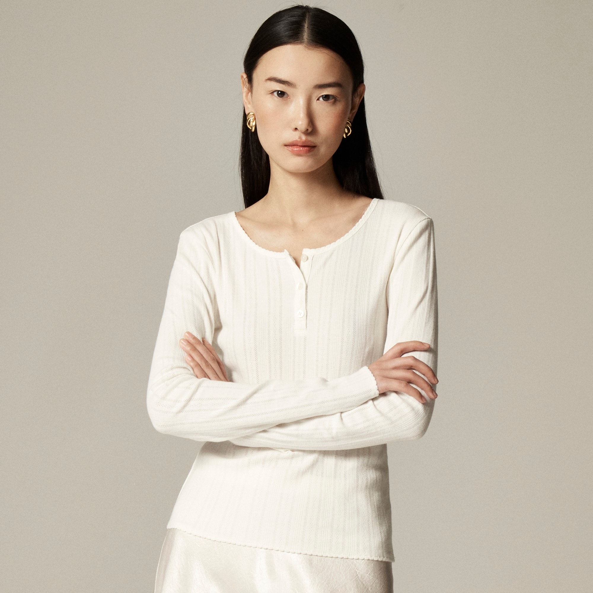 j.crew: pointelle long-sleeve henley t-shirt for women