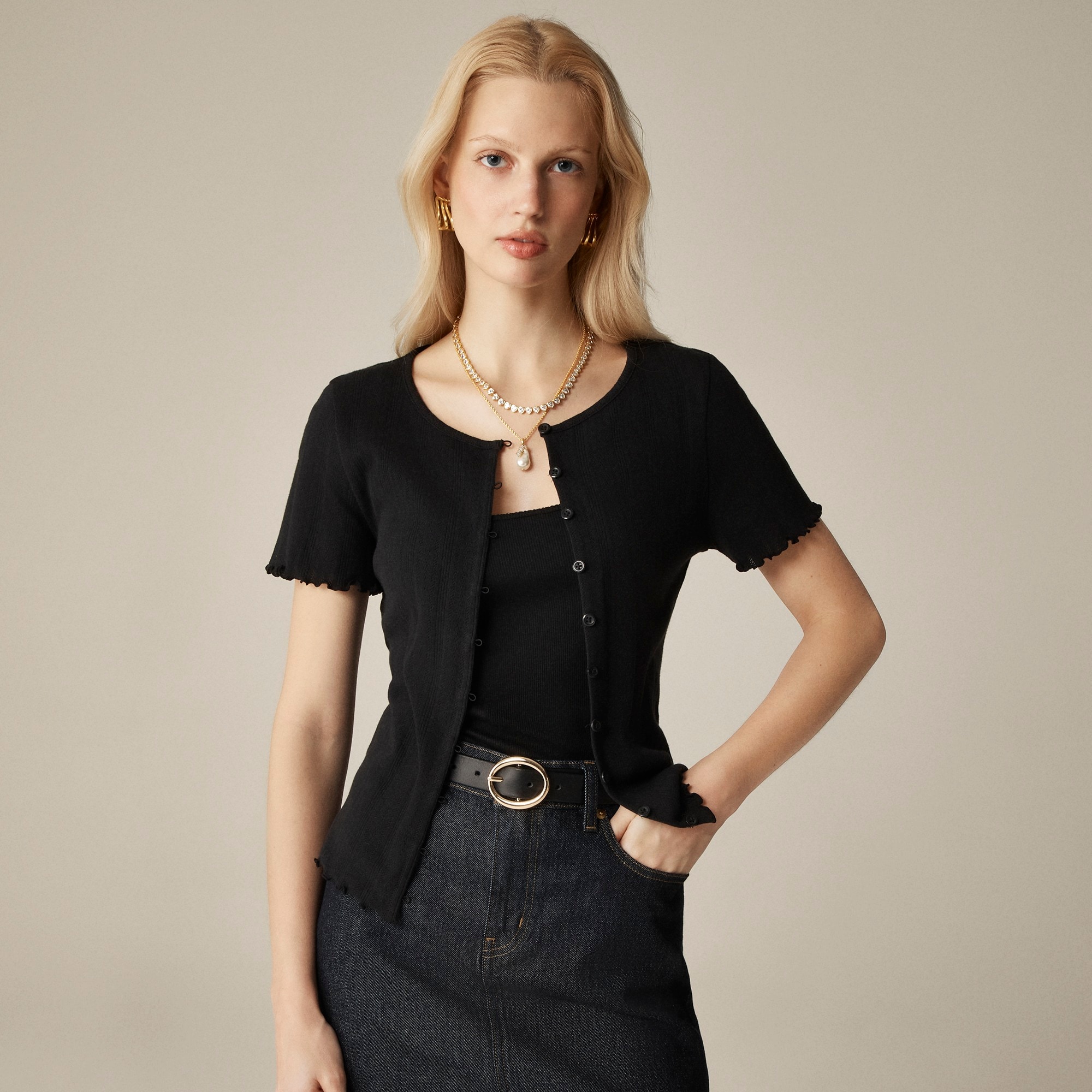 Pointelle short-sleeve knit cardigan