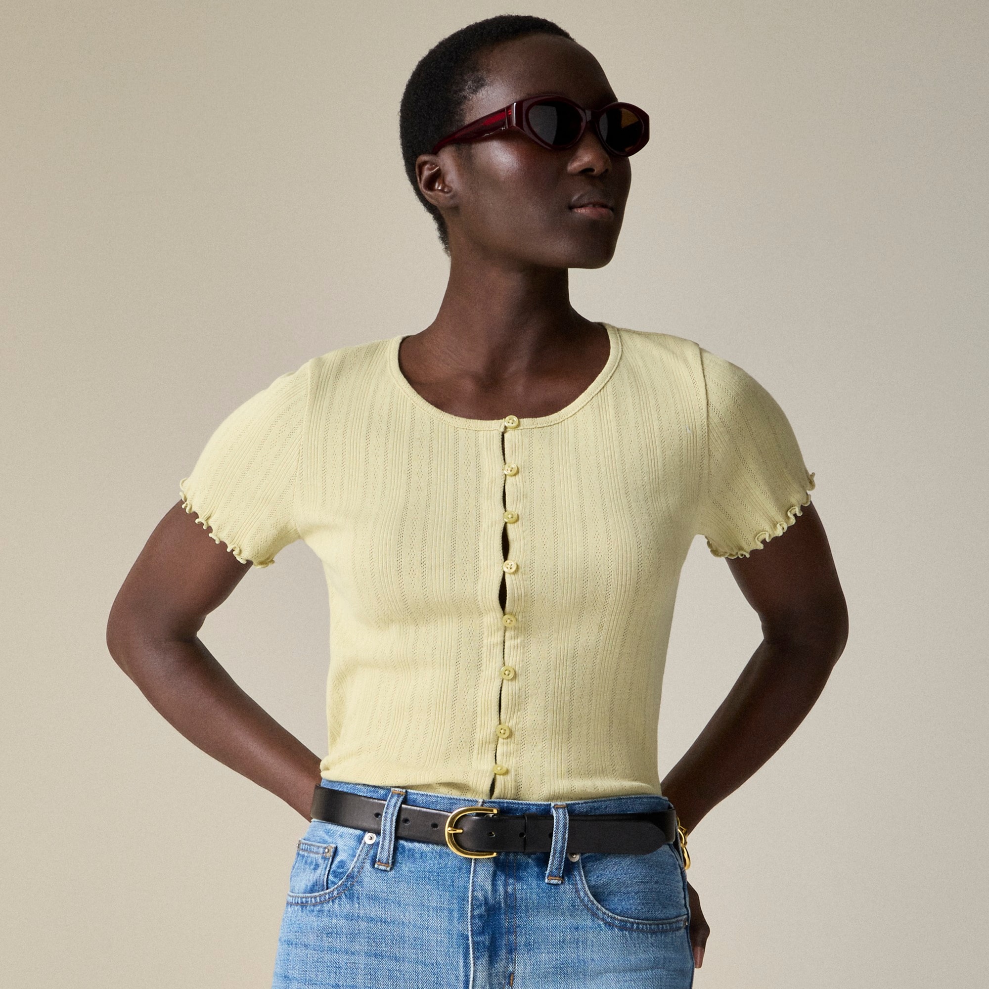 トップス 26SSLightBilenCroppedCrewneck Sweater Pointelle Short-sleeve Knit Cardigan For Women | J.Crew