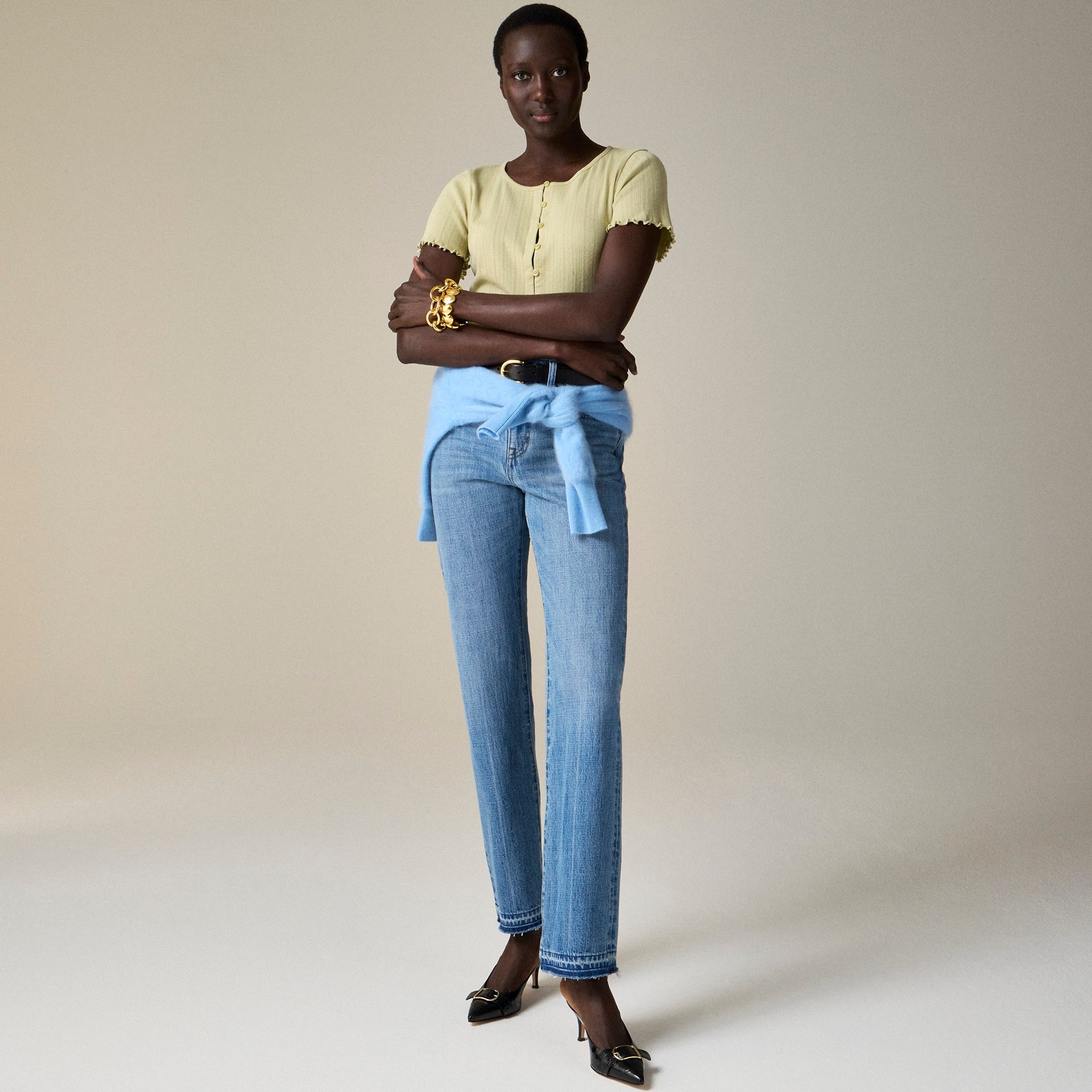 Pointelle short-sleeve knit cardigan