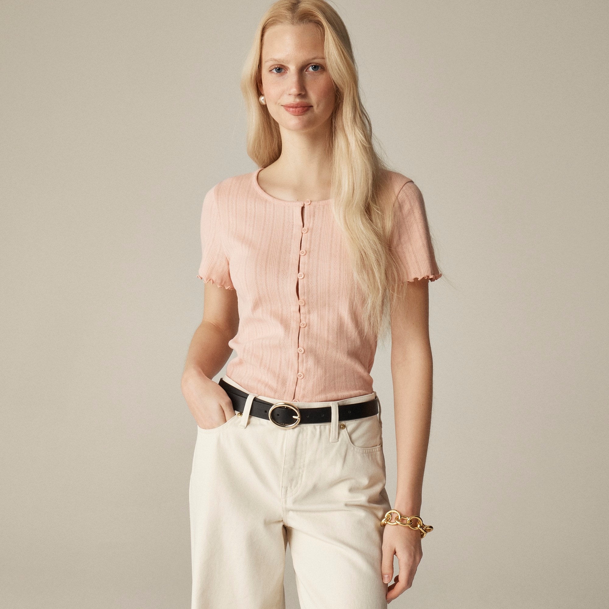 womens Pointelle short-sleeve knit cardigan