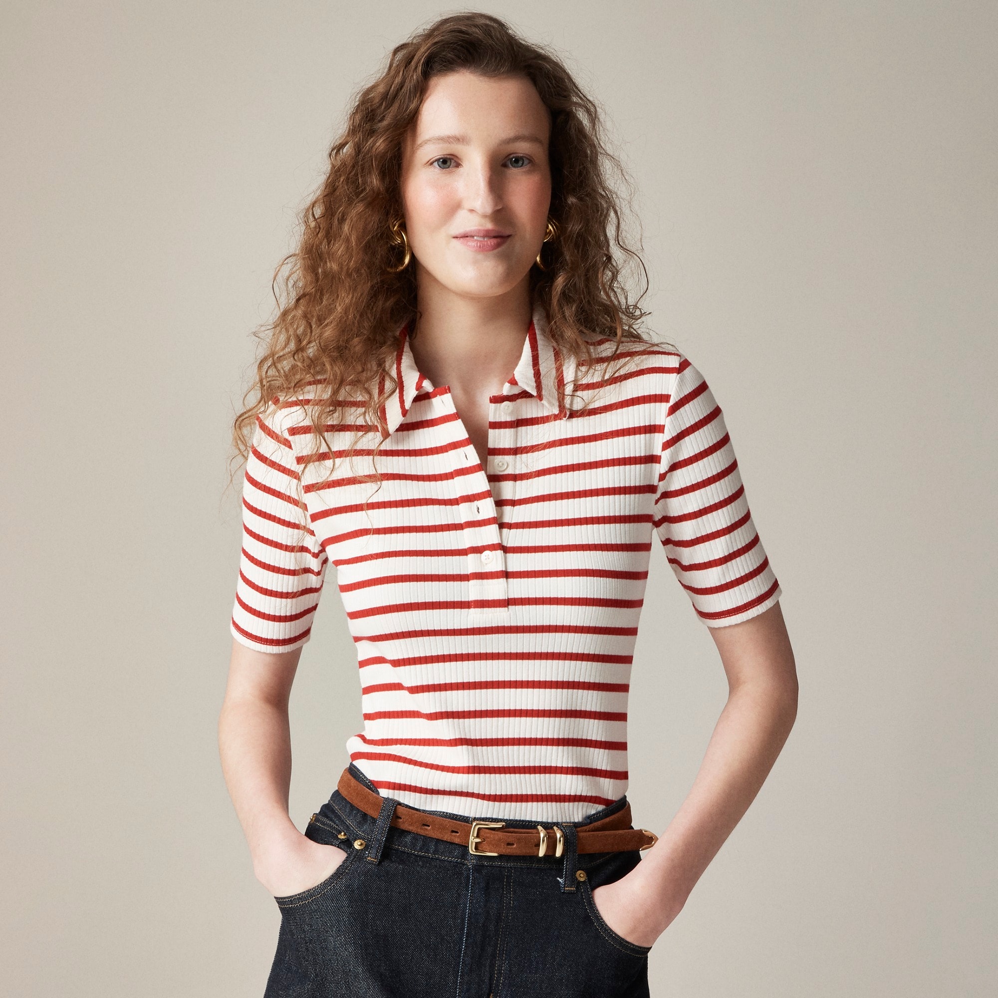 womens Premium rib short-sleeve polo shirt in stripe