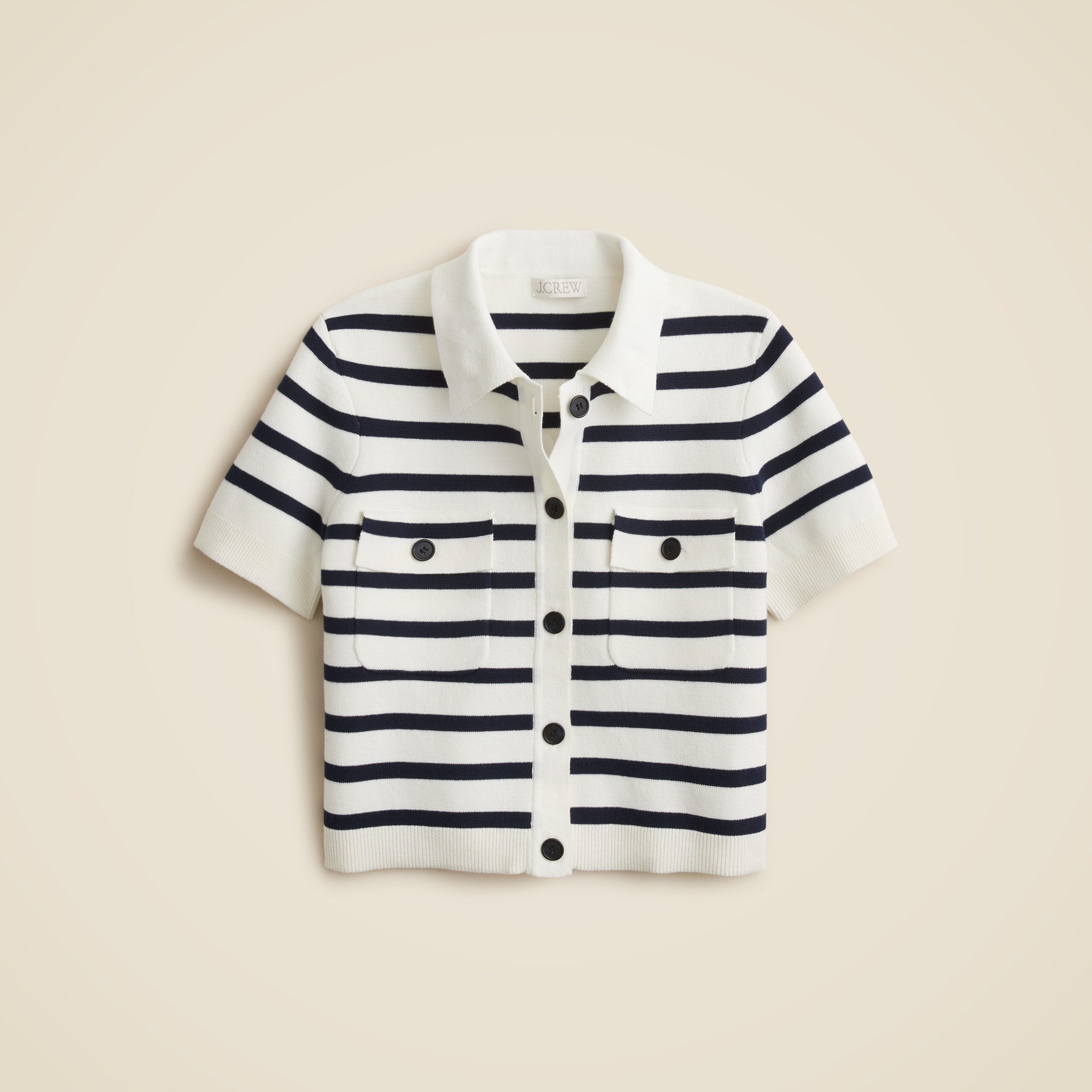 Collared short-sleeve cardigan in stripe