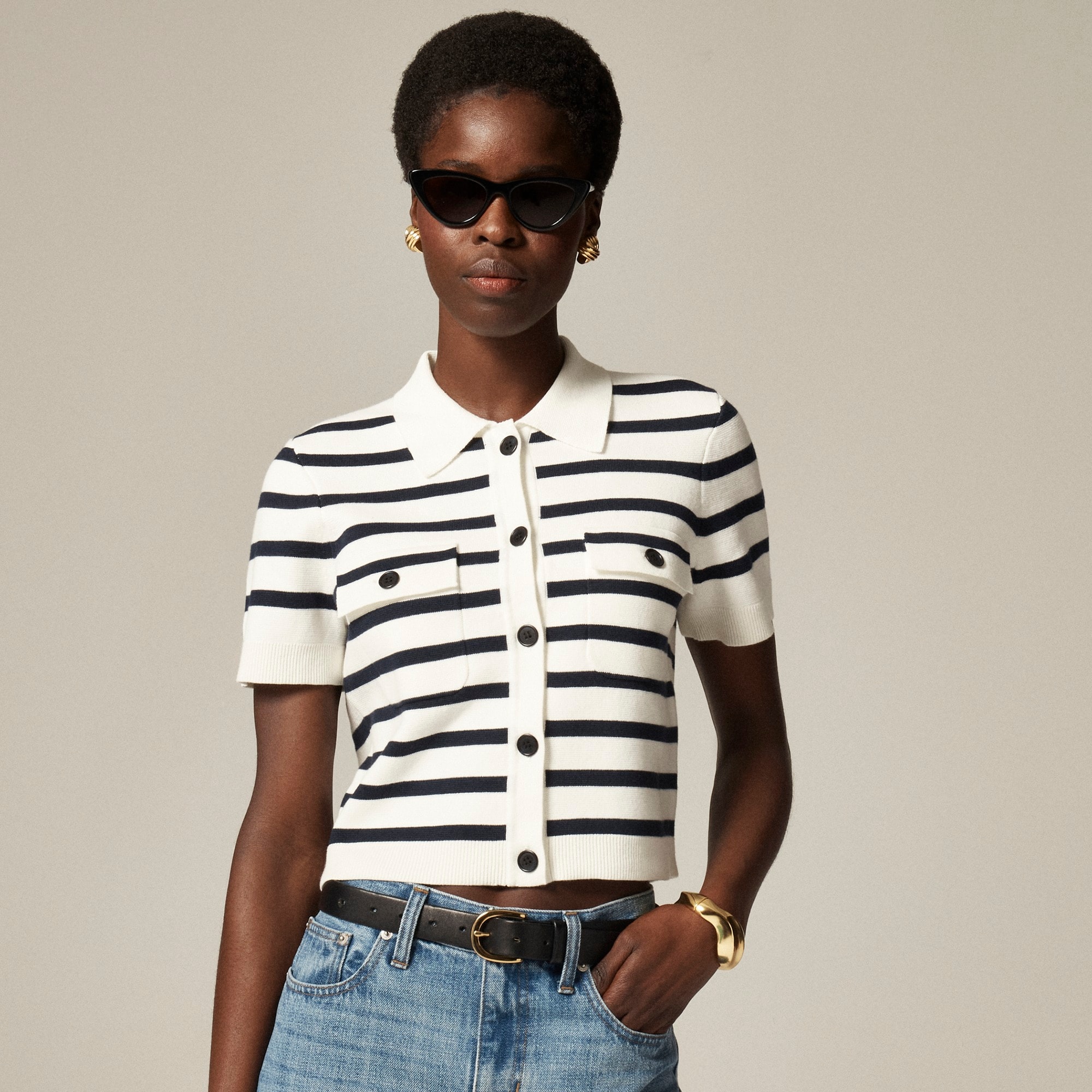 womens Collared short-sleeve cardigan in stripe
