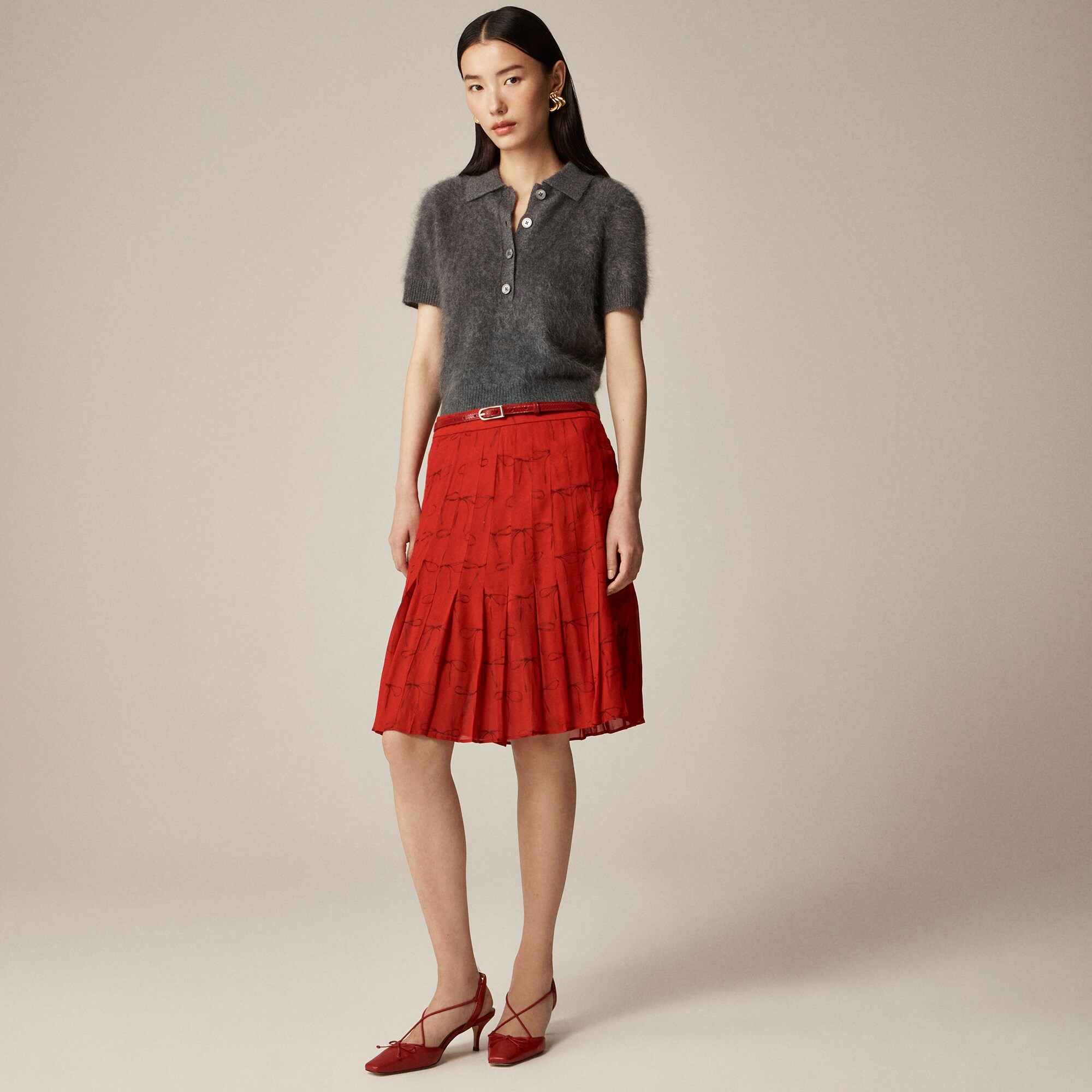 J.Crew: Pleated Knee-length Skirt In Bow-print Viscose