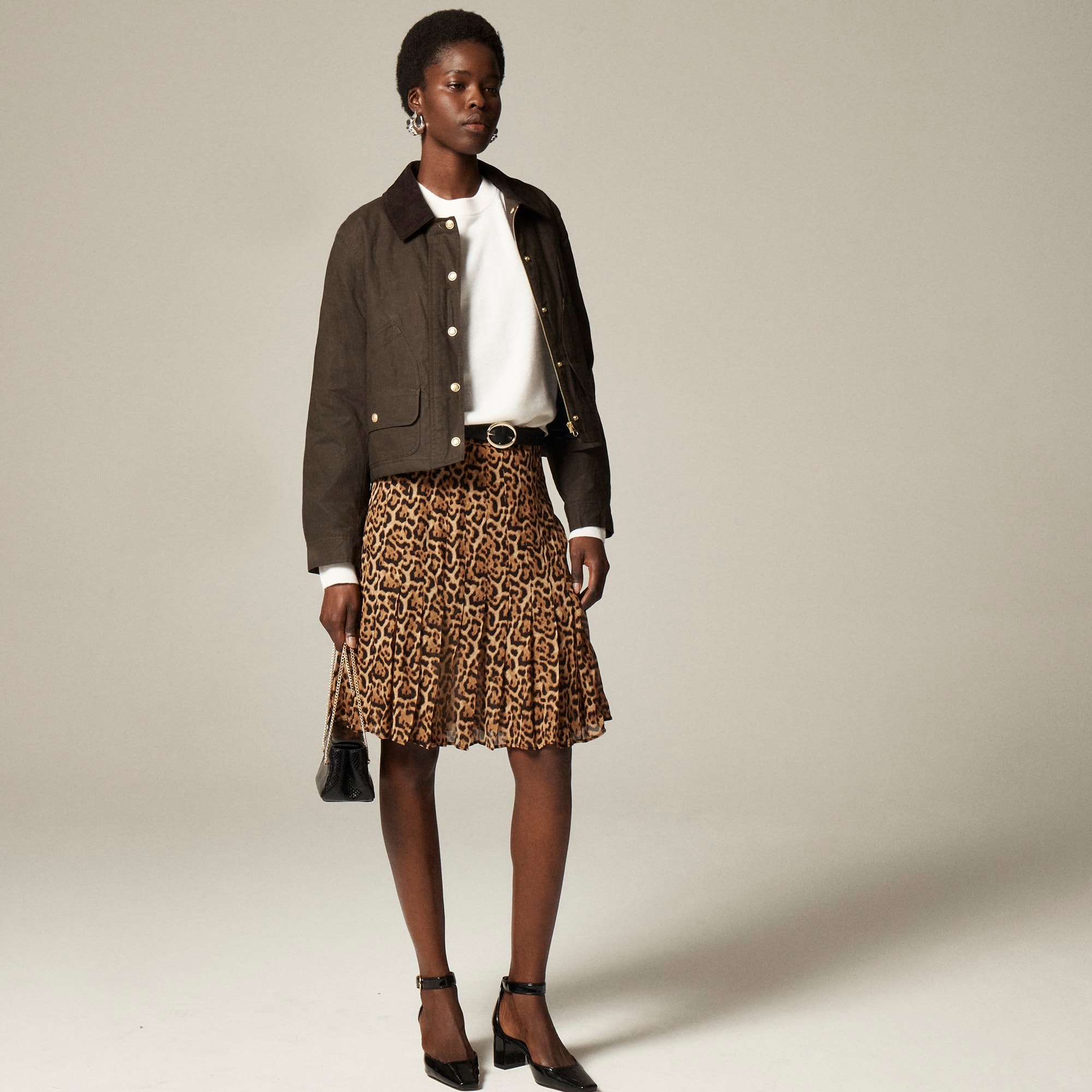 womens Pleated knee-length skirt in leopard-print viscose chiffon