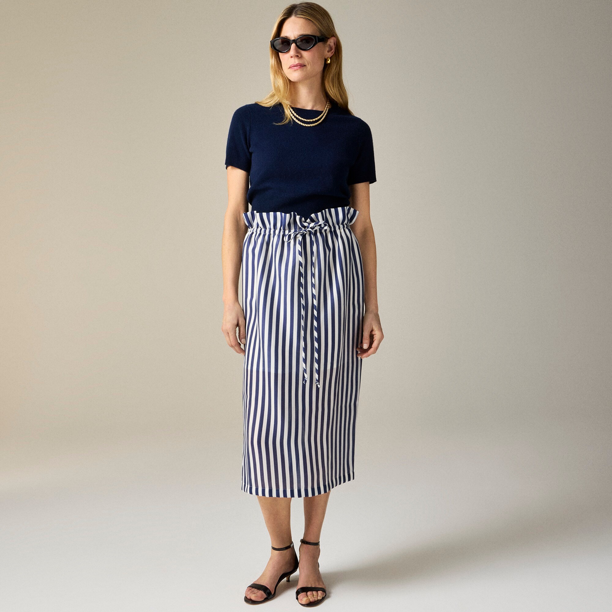 Layered tie-waist midi skirt in stripe