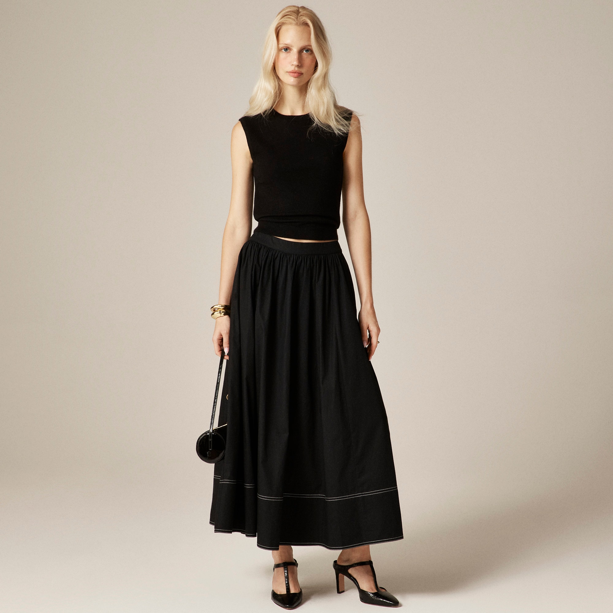 womens Contrast-stitch midi skirt in cotton poplin
