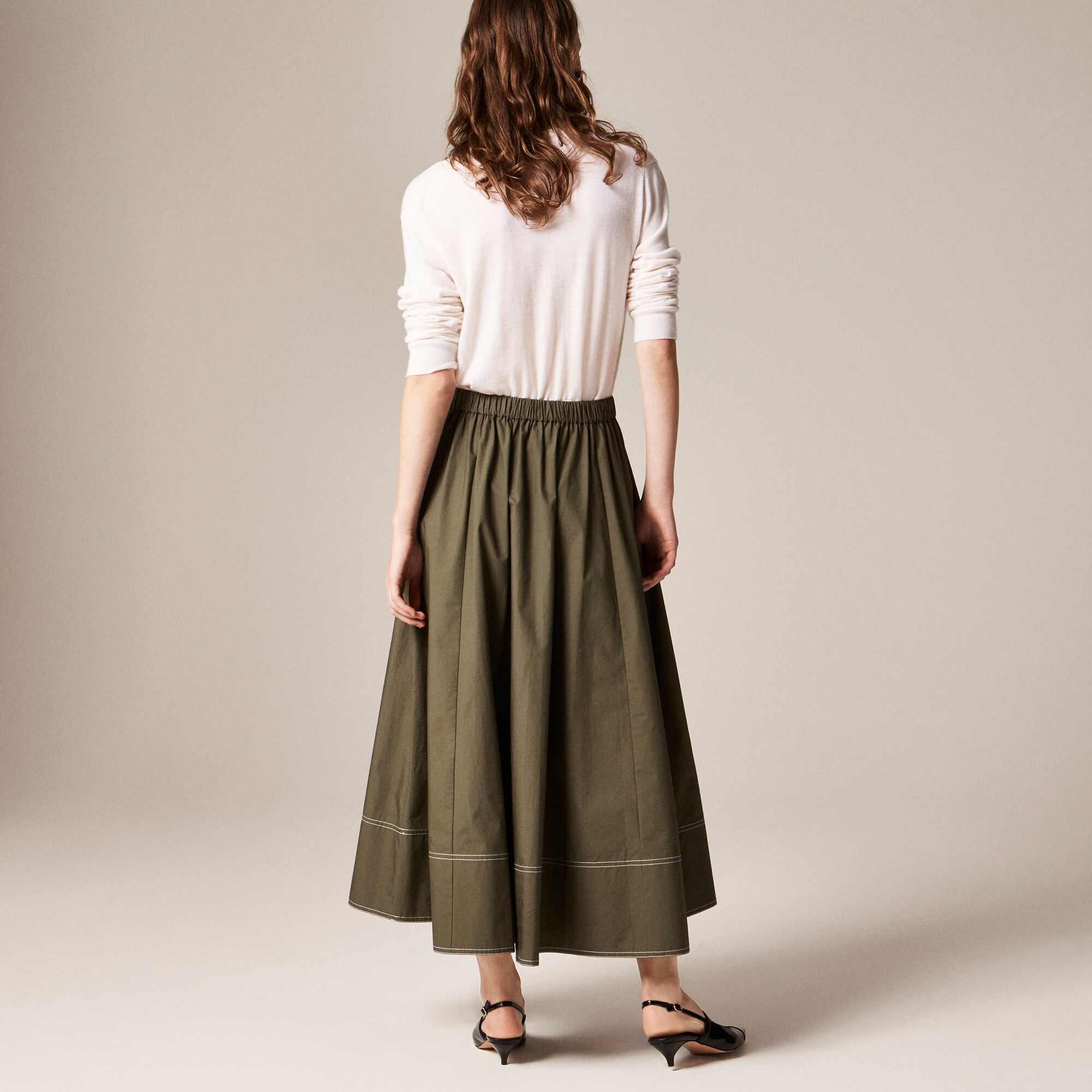 Contrast-stitch midi skirt in cotton poplin