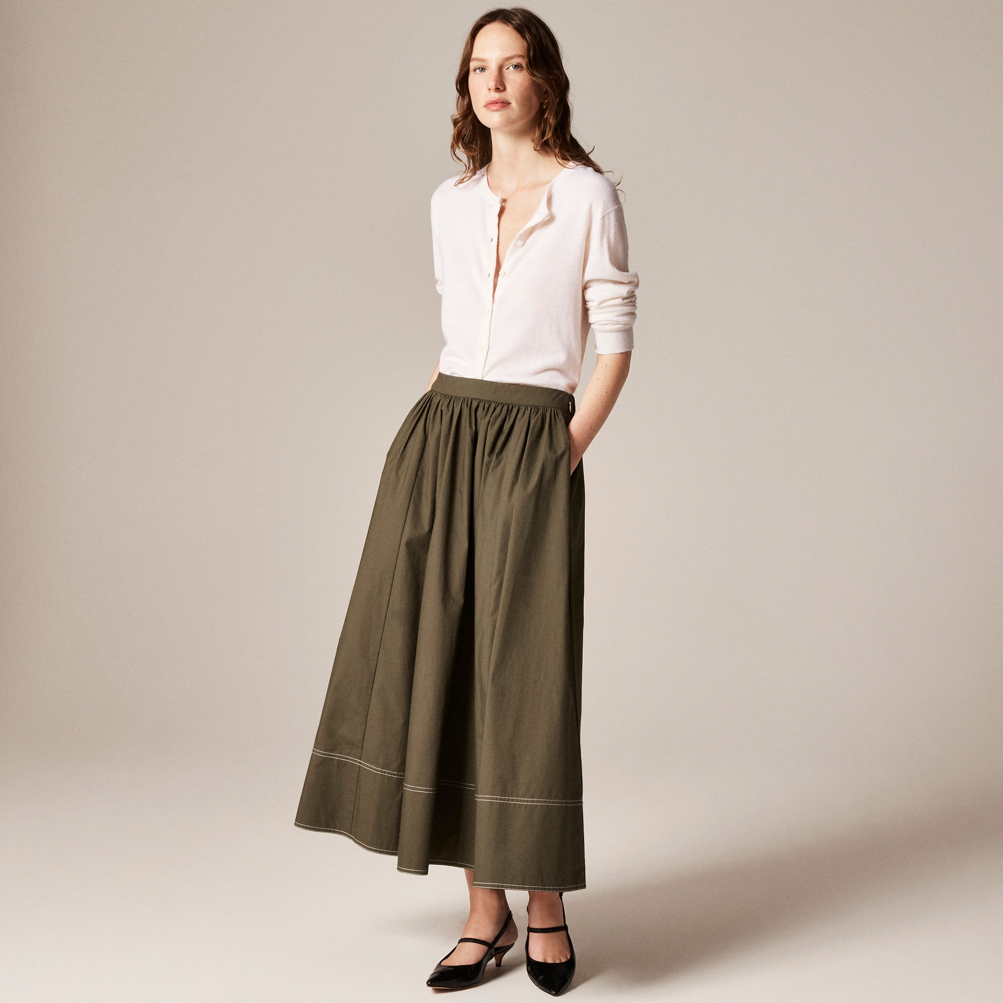 Contrast-stitch Midi Skirt In Cotton Poplin For Women