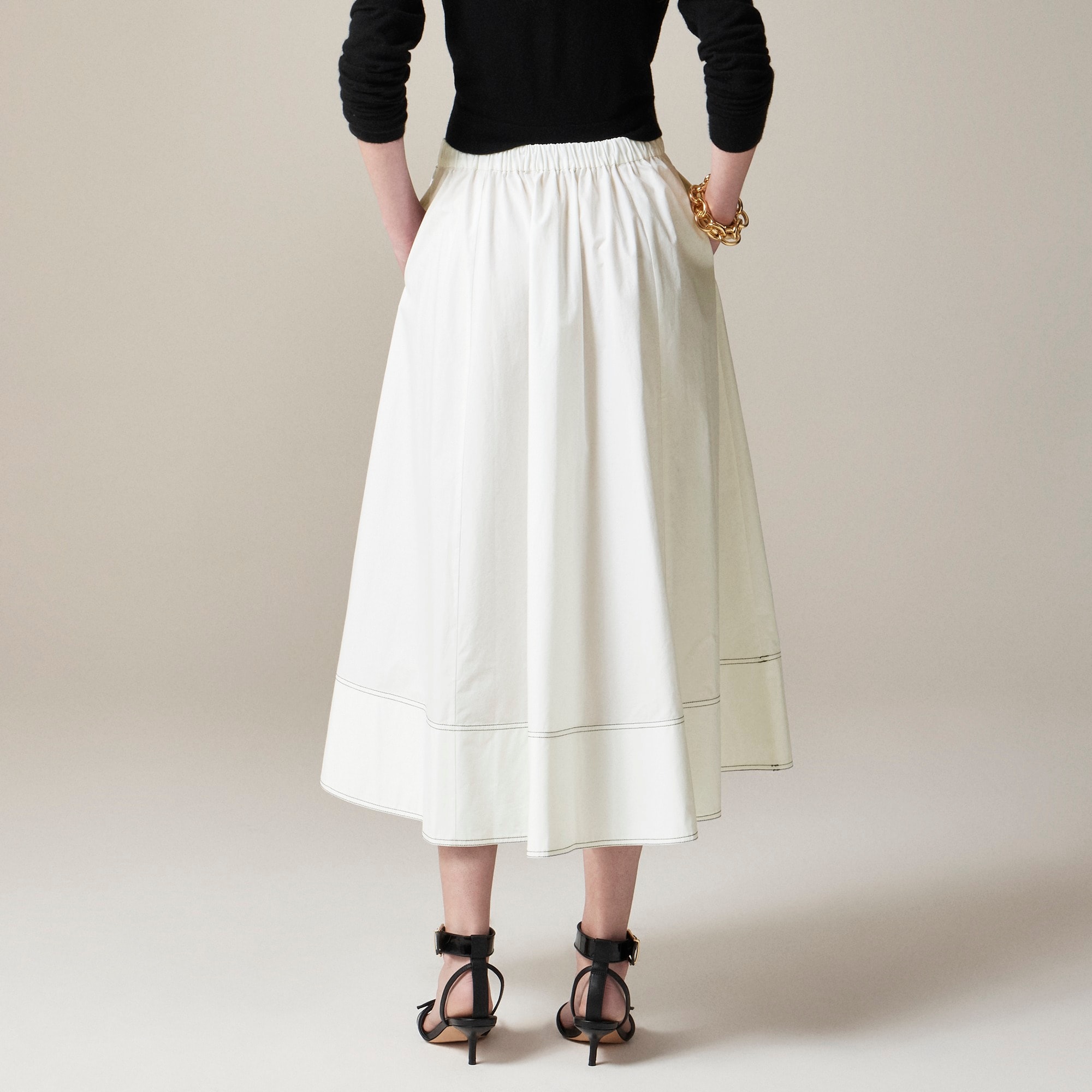 Contrast-stitch midi skirt in cotton poplin
